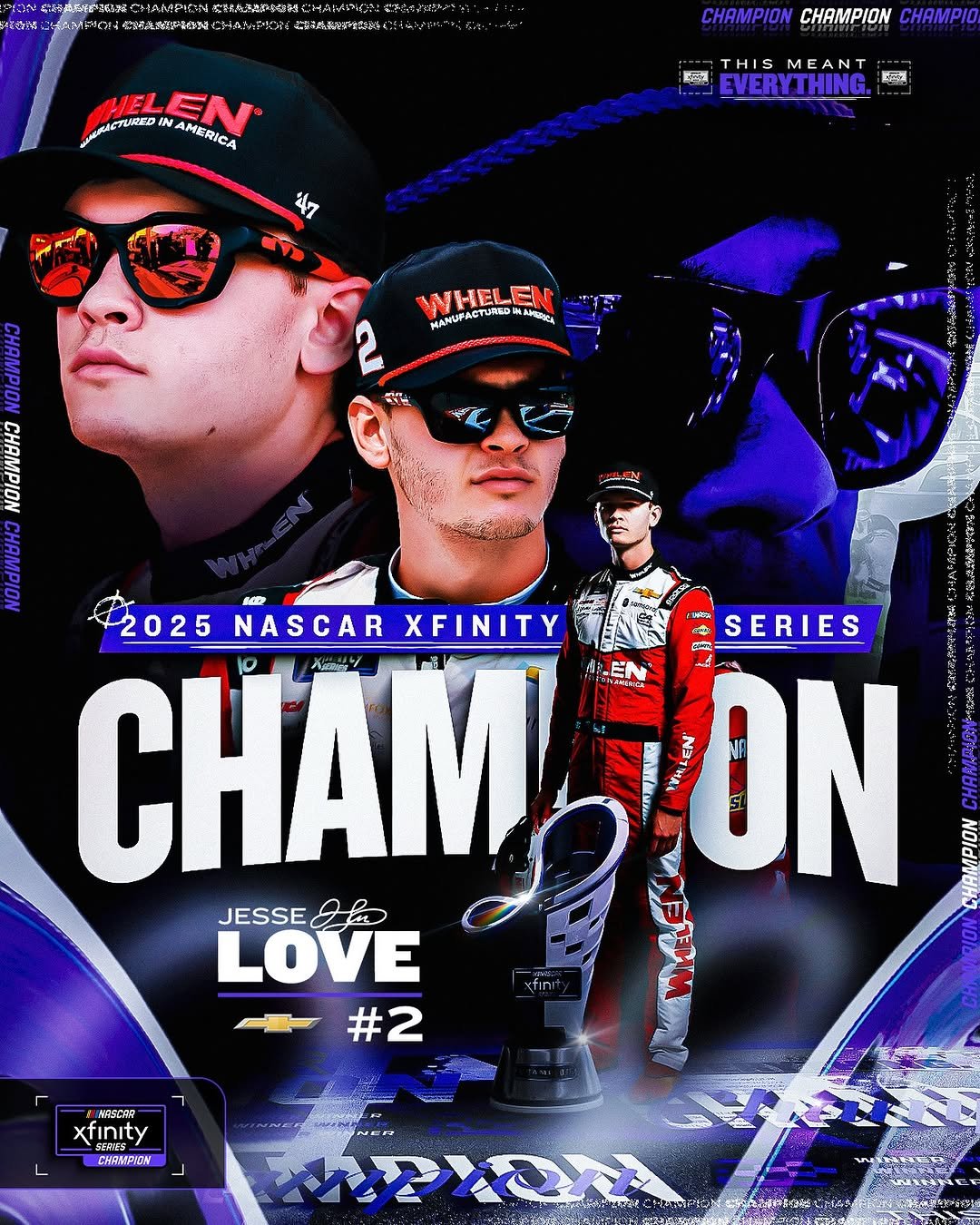 Photo shared by NASCAR on November 01, 2025 tagging @rcrracing, and @jesselovejr. May be an image of racing vehicles, poster and text.