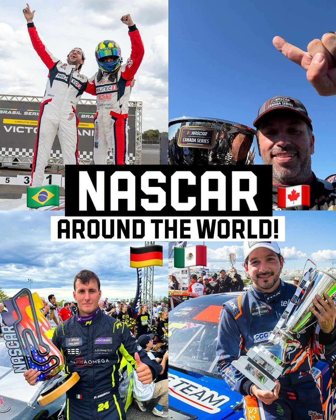 Photo shared by NASCAR on September 23, 2025 tagging @nascarcanadaseries, @euronascar, @nascarbrasil, and @nascarmex. May be an image of 5 people, people racing vehicles, race car and text.