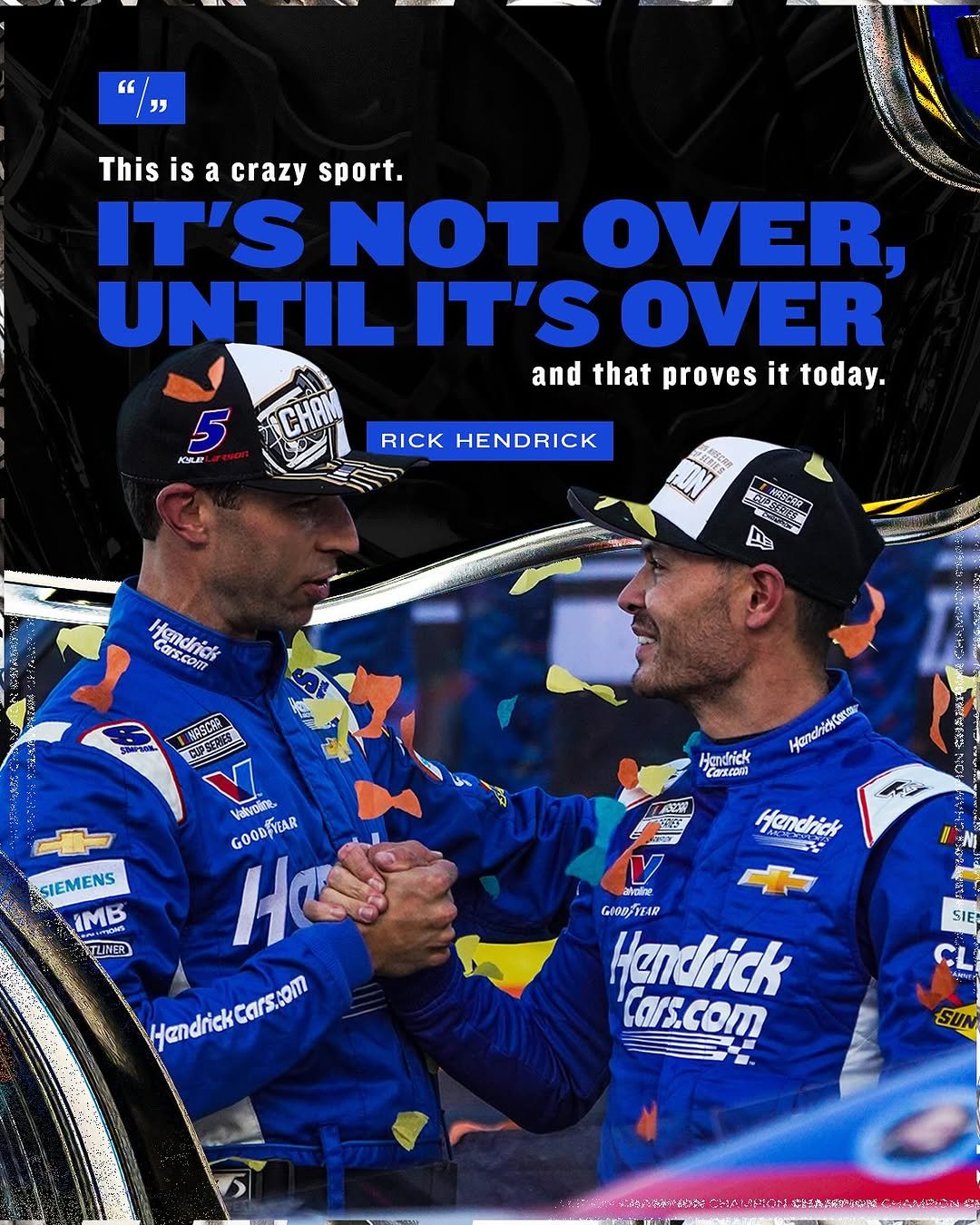 Photo shared by NASCAR on November 05, 2025 tagging @teamhendrick, @kylelarsonracin, and @phoenixraceway. May be an image of racing vehicles, race car, poster and text.