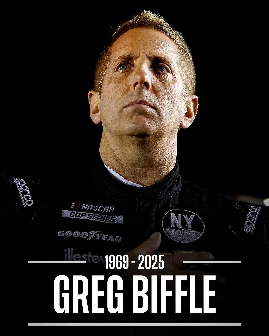 Photo by NASCAR on FOX on December 18, 2025. May be an image of racing vehicles and text that says 'NASCAR CUPSE 1969- 1969-2025 2025 GREG BIFFLE'.