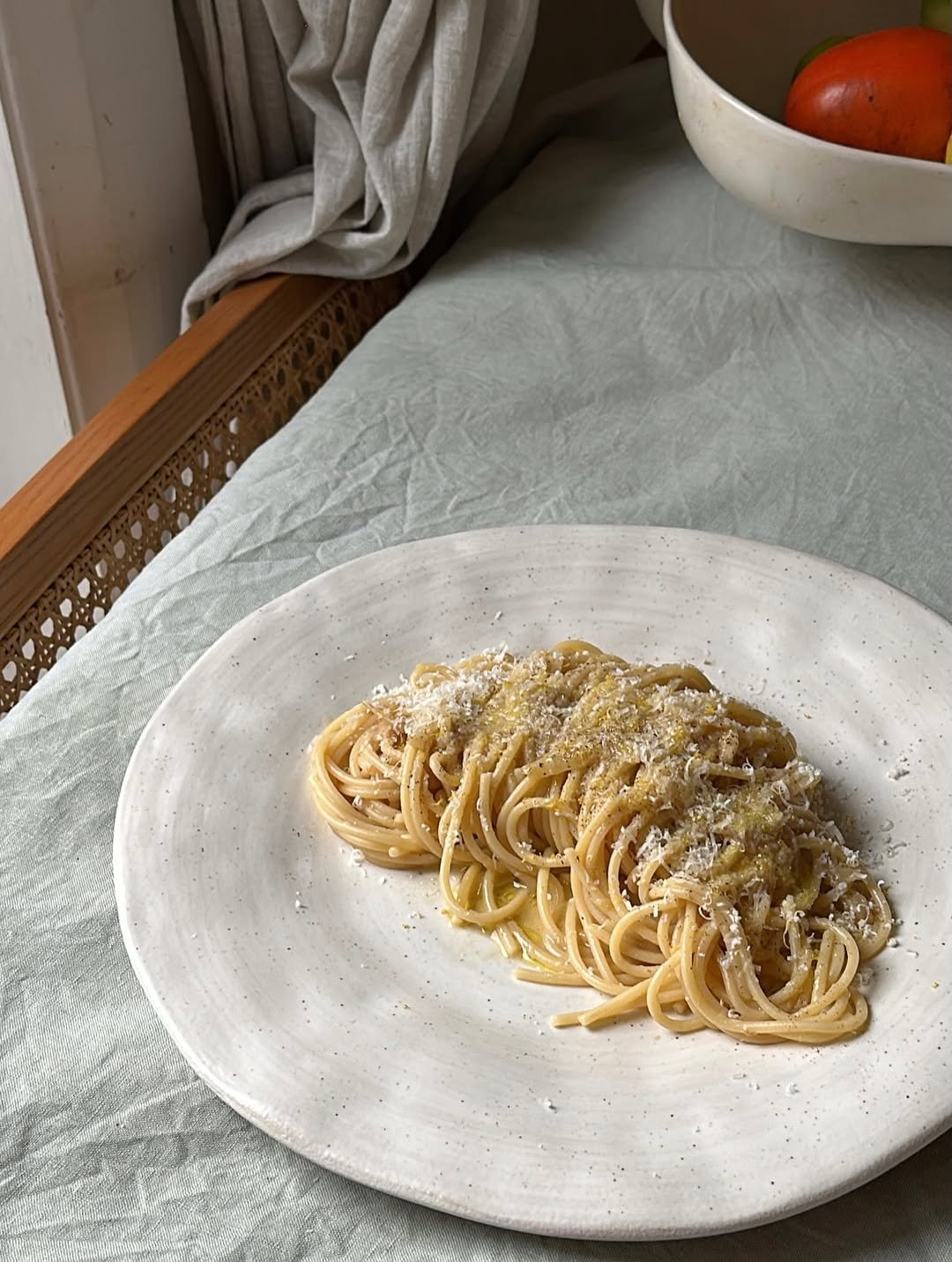 Photo by Natalia Rudin on January 11, 2026. May be an image of pasta, tableware, spaghetti, noodles and text.