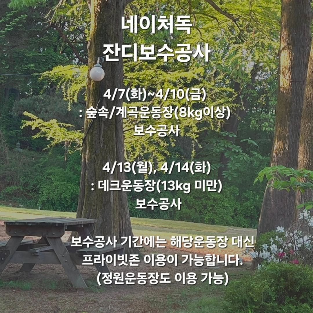 Photo by NATUREDOG 네이처독 애견카페 in 네이처독. May be an image of text that says '네이쳐독 잔디보수공사 4/7(화)~4/10(금) 0(금) 4/7(화) 숲속/계곡운동장(8kg이상 숲속 /계곡운동장 (8kg이상) 보수공사 4/13(월 4/13(월),4/14(화) (월), 4/14(화) 4/14( (화) :데크운동장( (13kg 미만) 보수공사 보수공사 기간에는 해당운동장 대신 프라이빗존 이용이 가능합니다. (정원운동장도 이용 가능)'.