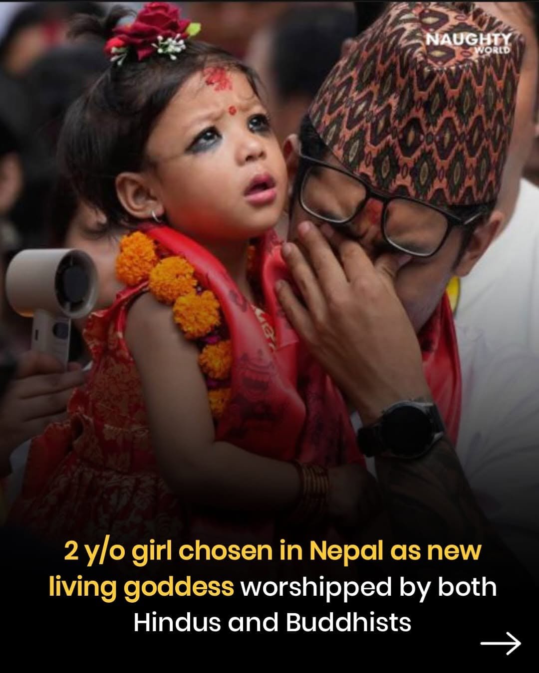 Photo by NAUGHTYWORLD on October 01, 2025. May be an image of 1 person and text that says 'NAUGHTY WORLD 2 y/o girl chosen in Nepal as new living goddess worshipped by both Hindus and Buddhists'.