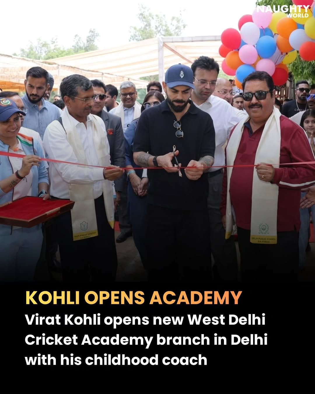 Photo by NAUGHTYWORLD on April 28, 2026. May be an image of cricket and text that says 'NAUGHTY WORLD KOHLI OPENS ACADEMY Virat Kohli opens new West Delhi Cricket Academy branch in Delhi with his his childhood coach'.