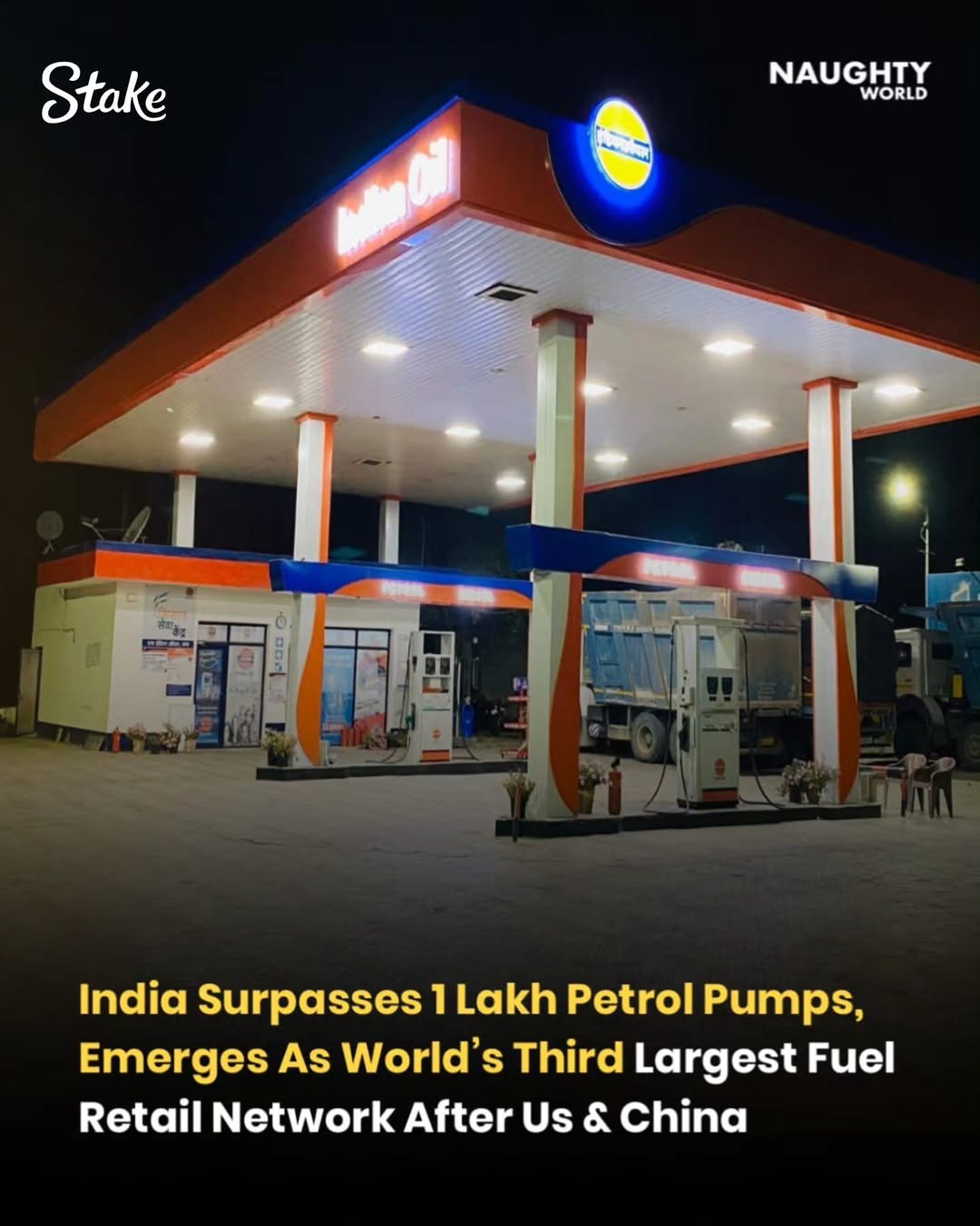 Photo by NAUGHTYWORLD on December 28, 2025. May be an image of ‎text that says '‎Stake NAUGHTY WORLD ٥ م គយំព" India Surpasses 1 Lakh Petrol Pumps, Emerges As World's Third Largest Fuel Retail Network After Us & China‎'‎.