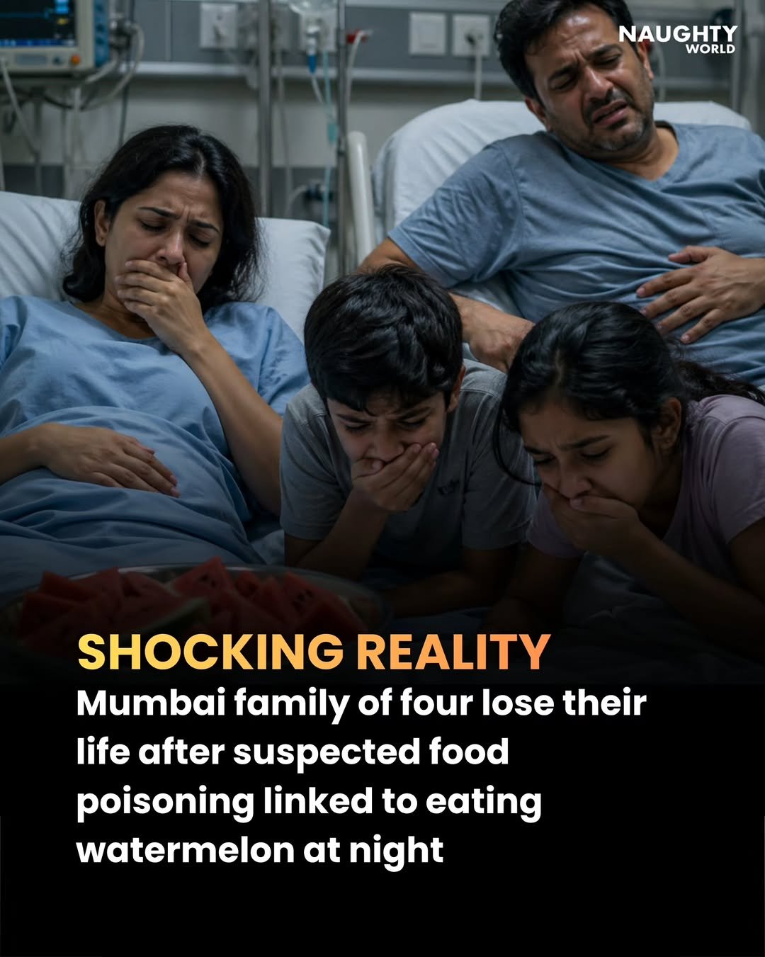 Photo by NAUGHTYWORLD on April 28, 2026. May be a meme of one or more people, watermelon, hospital and text that says 'NAUGHTY WORLD SHOCKING REALITY Mumbai family of four lose their life after suspected food poisoning linked to eating watermelon at night'.