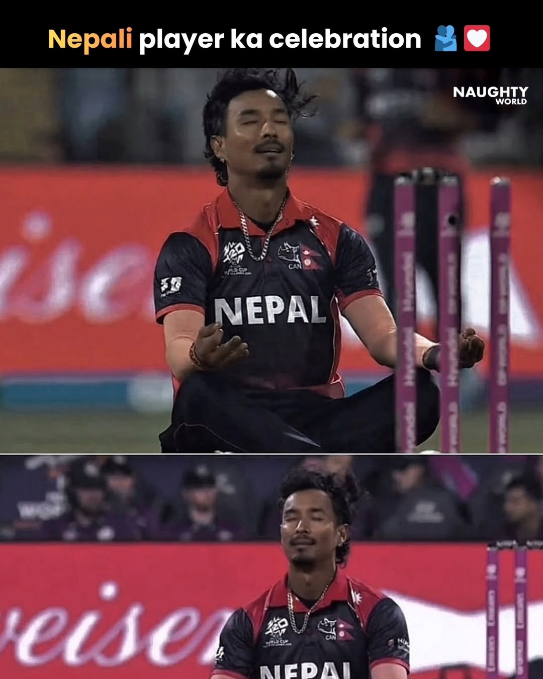 Photo by NAUGHTYWORLD on February 19, 2026. May be an image of one or more people, people playing cricket and text that says 'Nepali player ka celebration NAUGHTY WORLD 50 NEPAL .한다에 eiser NEDAI'.