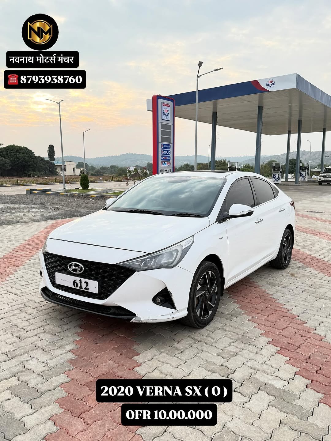 Photo shared by NAVNATH MOTORS on November 26, 2025 tagging @avi.nighot21. May be an image of sedan, wheel and text that says 'नवनाथ मोटर्स मंचर 8793938760 PaLe BuS RS MAPJC 2리2 所 in 수2 ប្ររោត 4 ရညခါ 612 2020 VERNA SX 2020VERNASX(0) (0) OFR 10.00.000'.