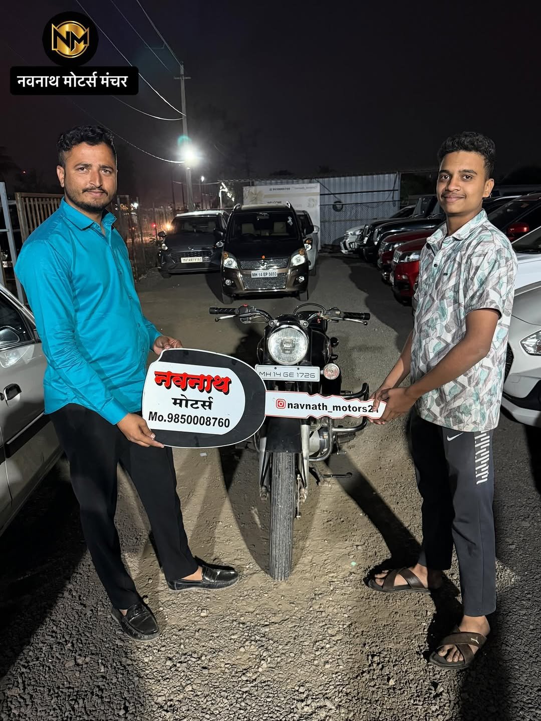 Photo shared by NAVNATH MOTORS on January 11, 2026 tagging @avi.nighot21. May be an image of one or more people, people smiling, people standing, motorcycle, scooter, poster, outdoors and text that says 'नवनाथ मोटर्स नवनाथमोट्समंचर मंचर .-i号 M1IS!E 155500 MH1 14G 6E 726 नवनाथ मोटर्स Mo.9850008760 Mo. @navnath_motors navnath_motors2 navnath motors2 回 돌 ሶሲ Idaibli'.