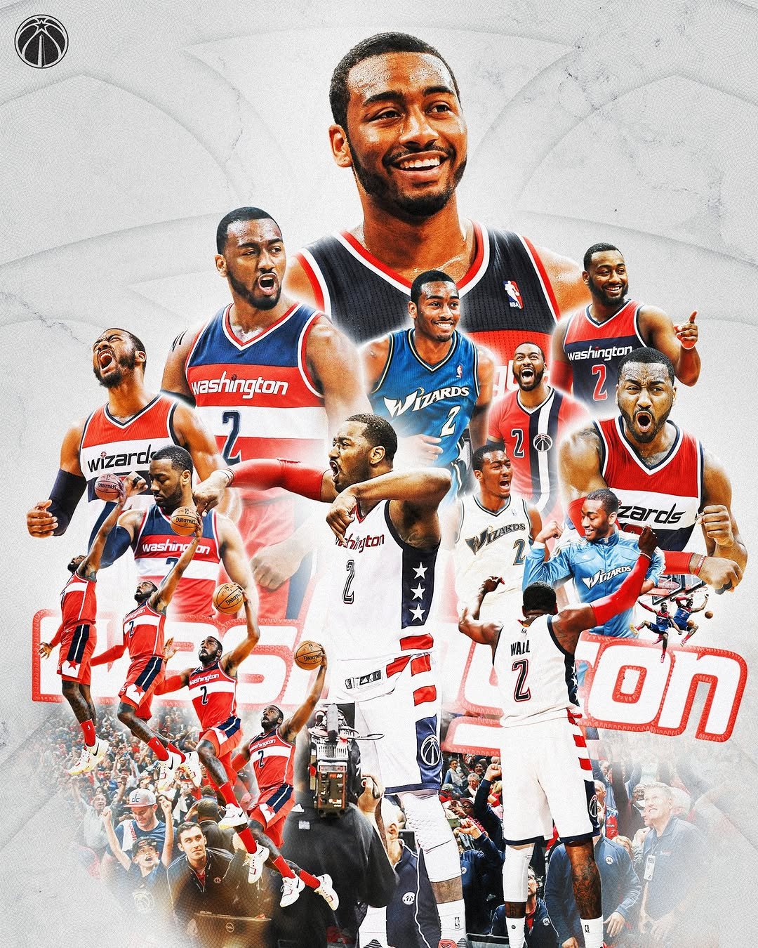 Photo shared by Washington Wizards on August 19, 2025 tagging @johnwall, and @nba. May be an image of 3 people, people playing basketball, basketball jersey, poster, ball, crowd and text.