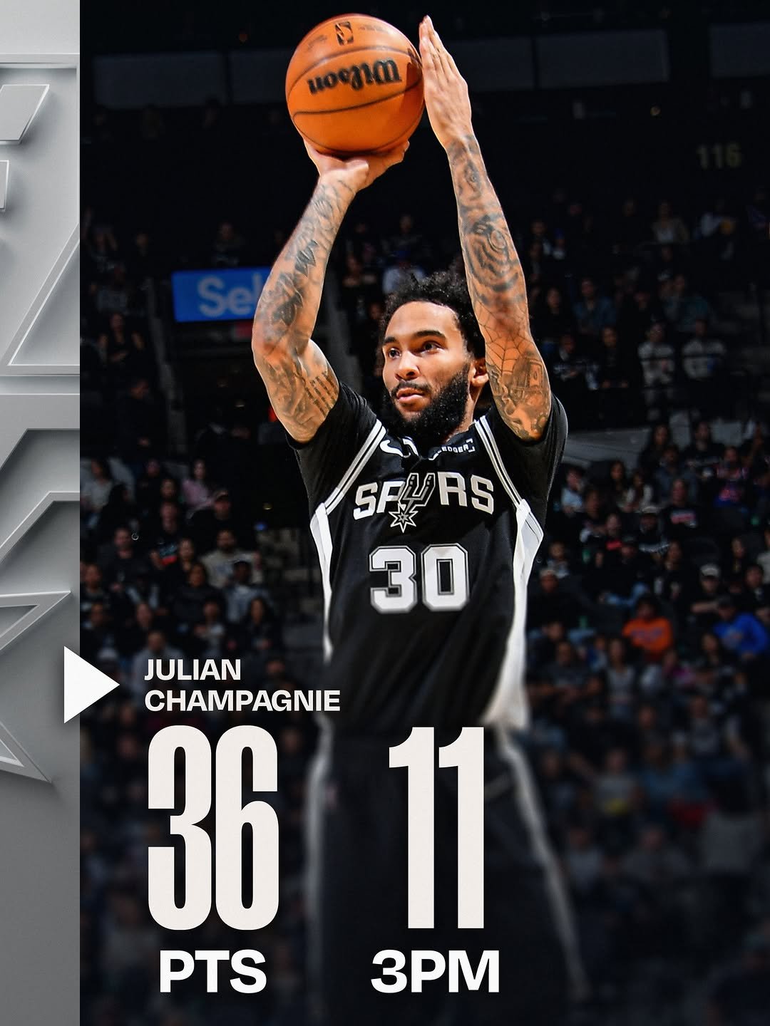 Photo shared by NBA on December 31, 2025 tagging @spurs, and @jujuchampagnie. May be an image of ‎basketball, ball, poster and ‎text that says '‎i ញា0 تممددای SPRS 30 JULIAN CHAMPAGNIE 3611 11 36 PTS 3PM‎'‎‎.
