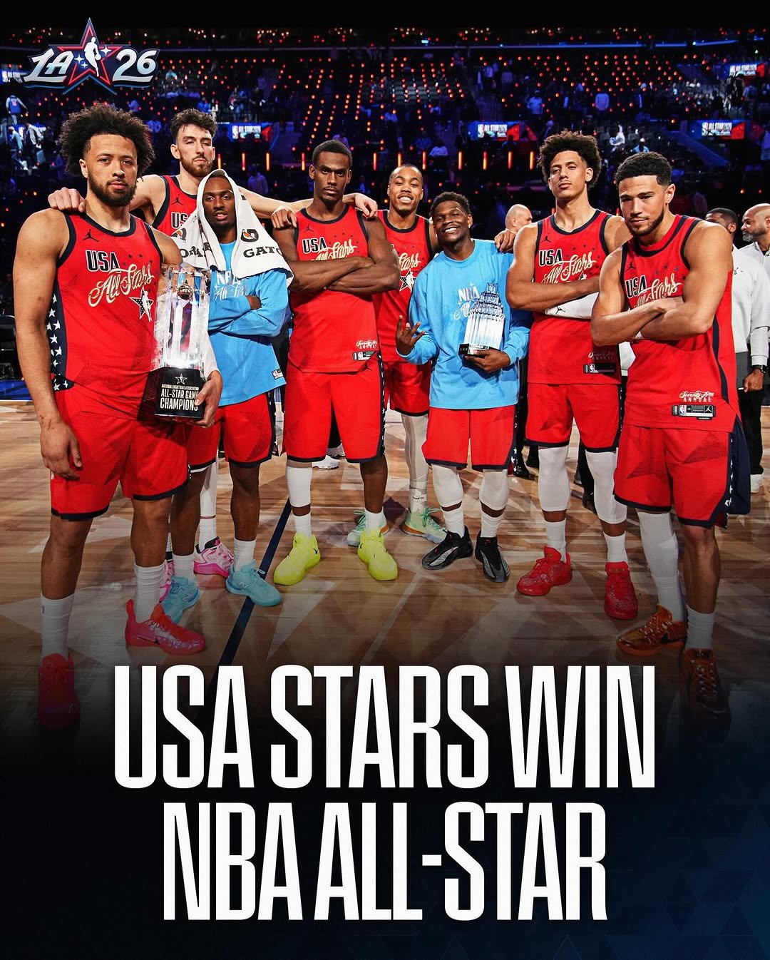 Photo shared by NBA on February 15, 2026 tagging @nbaallstar. May be an image of basketball, basketball jersey, ball, poster and text.