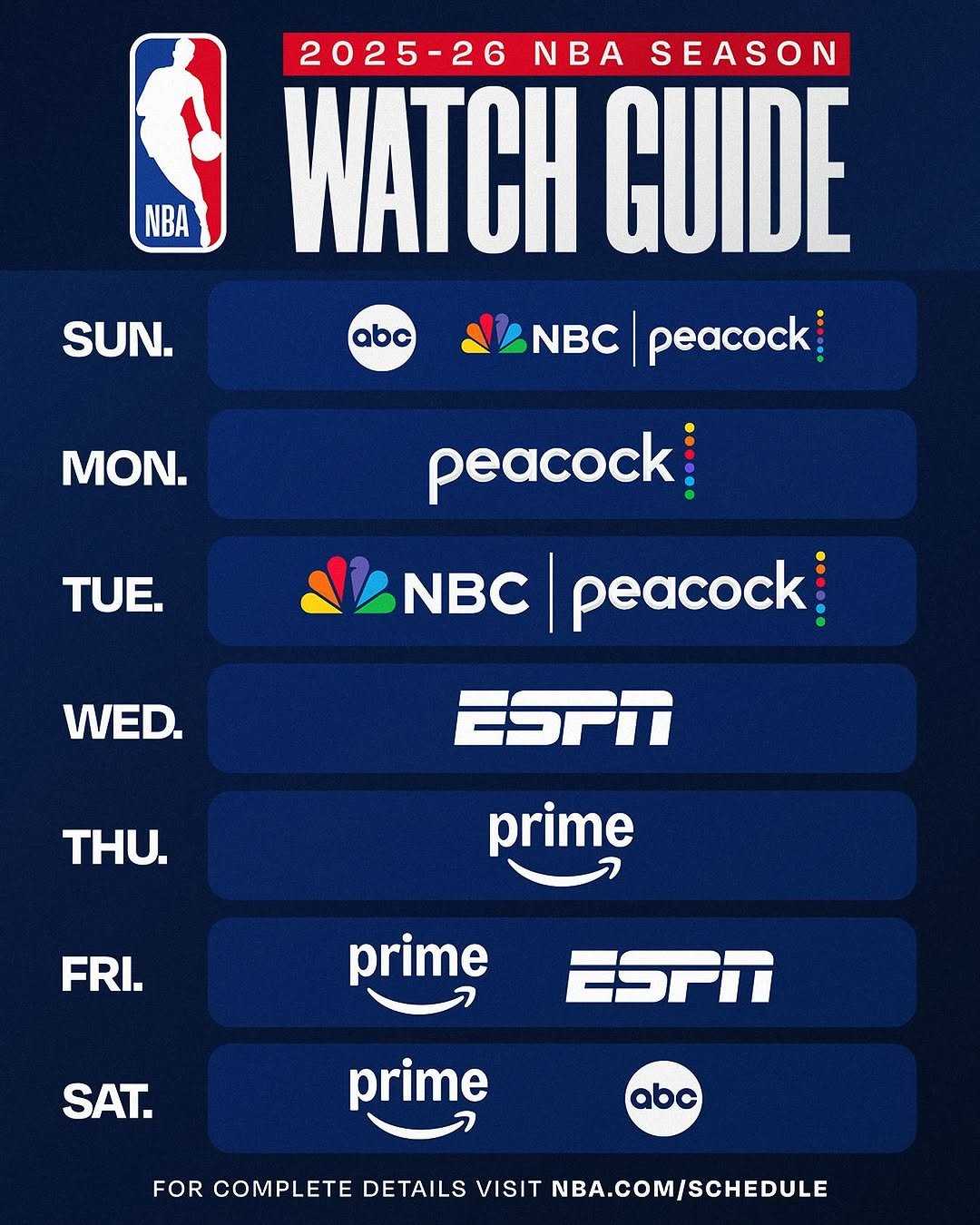 Photo by NBA on August 14, 2025. May be an image of basketball, television, screen, poster and text that says 'NBA 2025-26 NBA SEASON WATCH GUIDE NBC peacock SUN. abc ON. TUE. peacock NBC peacock WED. ESPN THU. prime FRI. prime SAT. ESPN prime abc FOR COMPLETE DETAILS VISIT NBA.COM/SCHEDULE'.