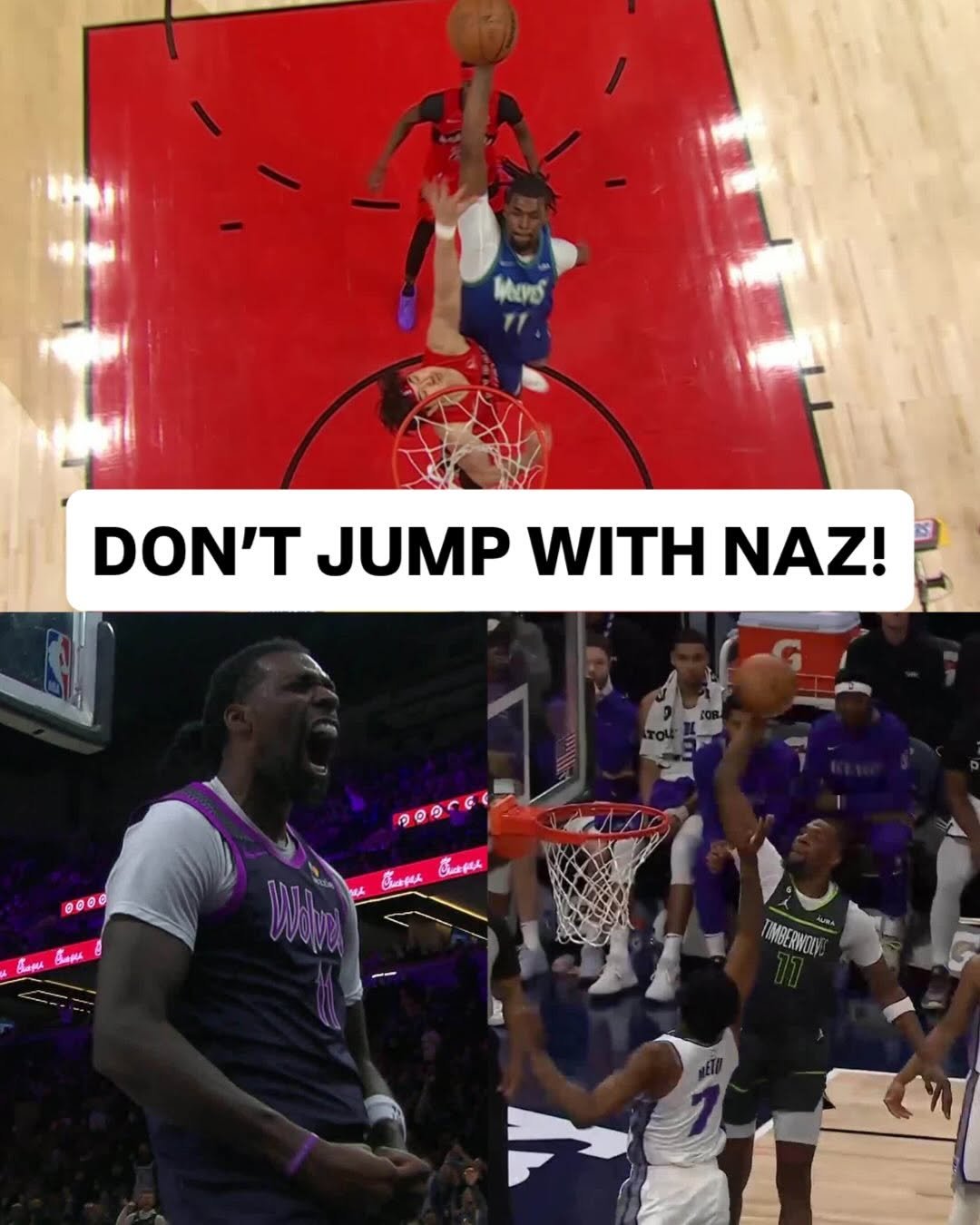 Photo shared by NBA on February 21, 2026 tagging @timberwolves, and @hollywood.naz. May be an image of basketball, basketball jersey, backboard, ball, basketball court and text.