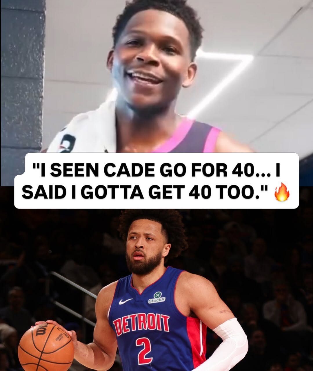 Photo shared by NBA on February 21, 2026 tagging @timberwolves, and @theanthonyedwards_. May be an image of basketball, basketball jersey, ball, backboard, stadium, basketball court and text that says '"I SEEN CADE GO FOR 40... SAID I GOTTA GET 40 TOO." StockX DETROIT 2'.