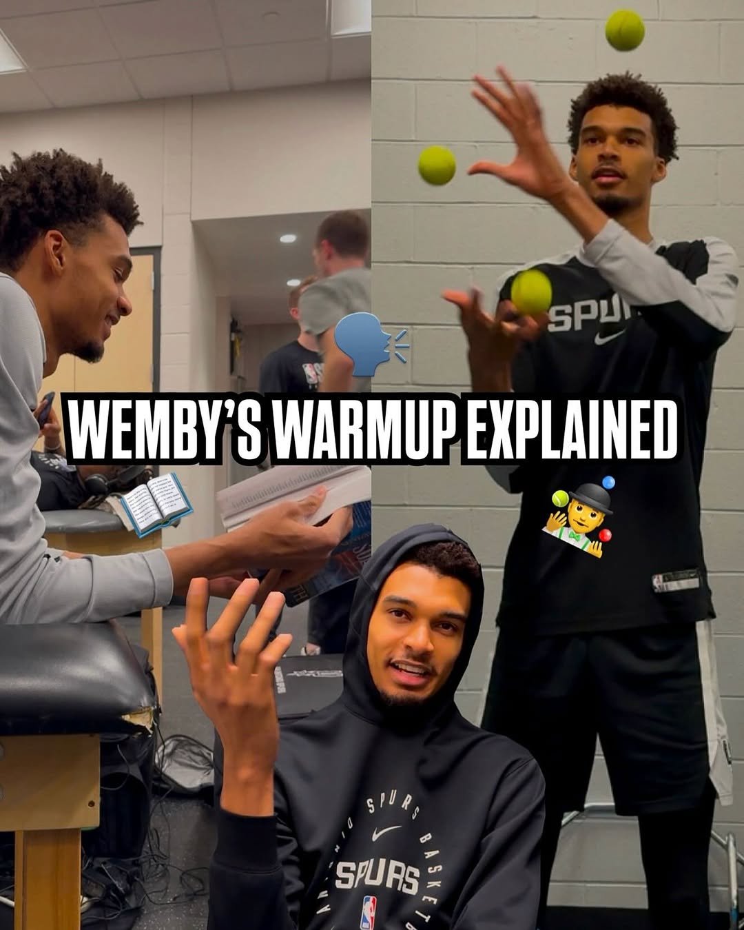 Photo shared by NBA on August 19, 2025 tagging @spurs, and @wemby. May be a meme of 3 people, people playing tennis, ball, sports equipment and text that says 'SPJ WEMBY' S WARMUP EXPLAINED لمقم SPURS'.