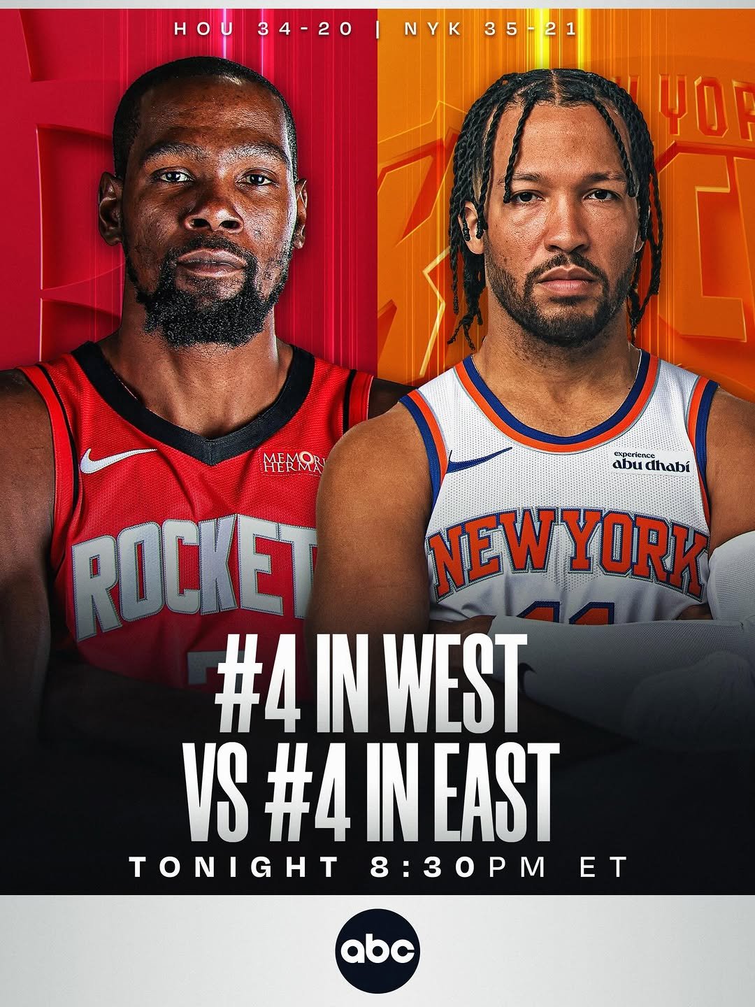 Photo shared by NBA on February 21, 2026 tagging @nyknicks, @houstonrockets, and @abc. May be an image of ‎basketball, card, poster, backboard and ‎text that says '‎HOU H 34-20 NYK ل 35-21 ရတ်စလမ် ขง่ะ abu abudhabi AemRm! ROCKE NEWYOR #4INWEST #4IN IN WEST VS#4INEAST EAST TONIGHT8:30PM 8:30PM TONIGHT ET abc‎'‎‎.