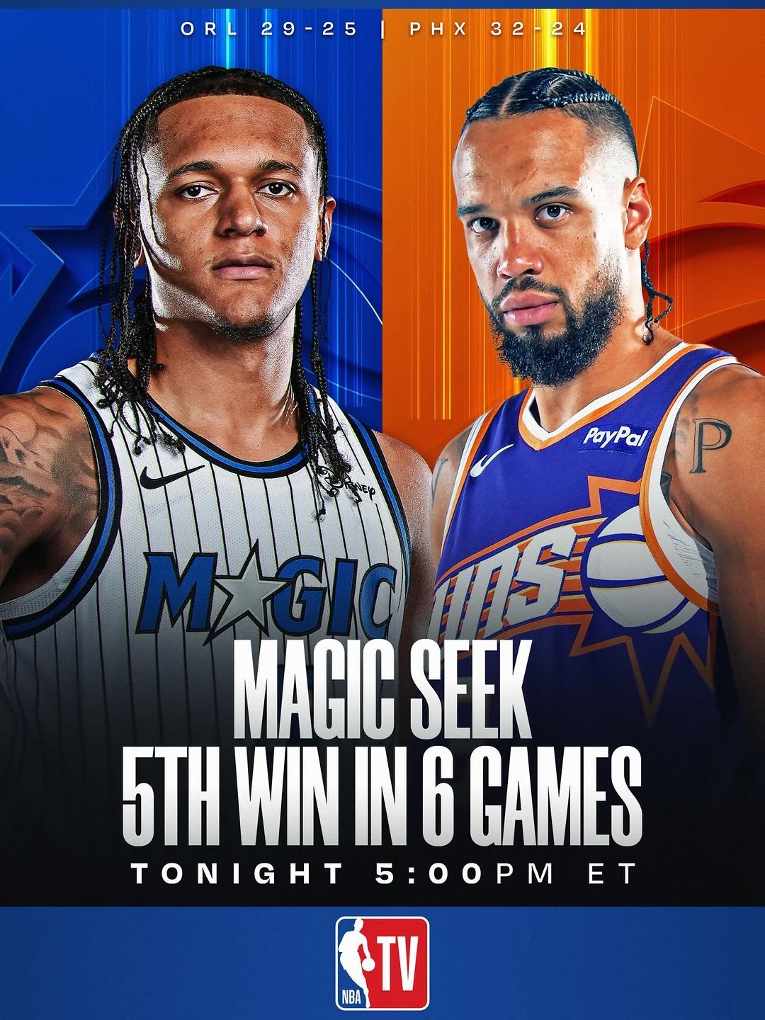 Photo shared by NBA on February 21, 2026 tagging @nbatv, and @orlandomagic. May be an image of basketball, ball, poster and text that says 'ORL29-25 OR 29-25 PHX 32-24 おをだ VILO PayPal P MAGIO HS MAGIC SEEK 5 WIN IN 6 GAMES TONIGHT 5:00PM ET TV NBA'.