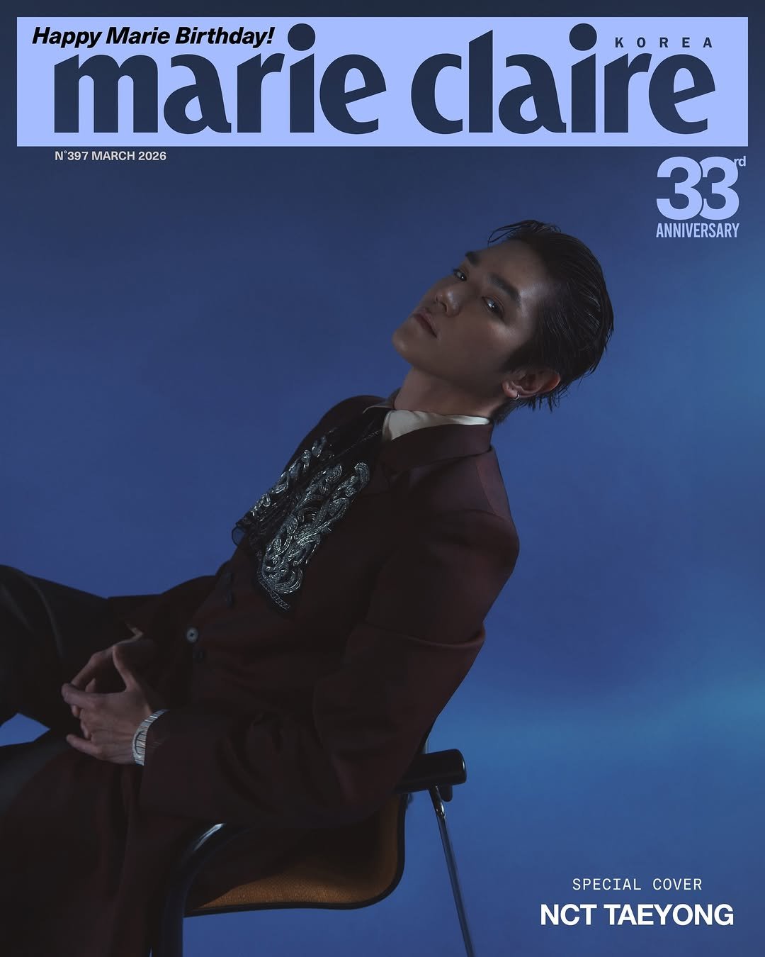 Photo shared by NCT Official Instagram on February 17, 2026 tagging @marieclairekorea, and @taeoxo_nct. May be an image of one or more people, makeup, magazine, poster and text that says 'Happy marie Marie Birthday! claire K KOREA N'397MARCH2026 N 397 MARCH 2026 33 ANNIVERSARY SPECIAL COVER NCT TAEYONG'.
