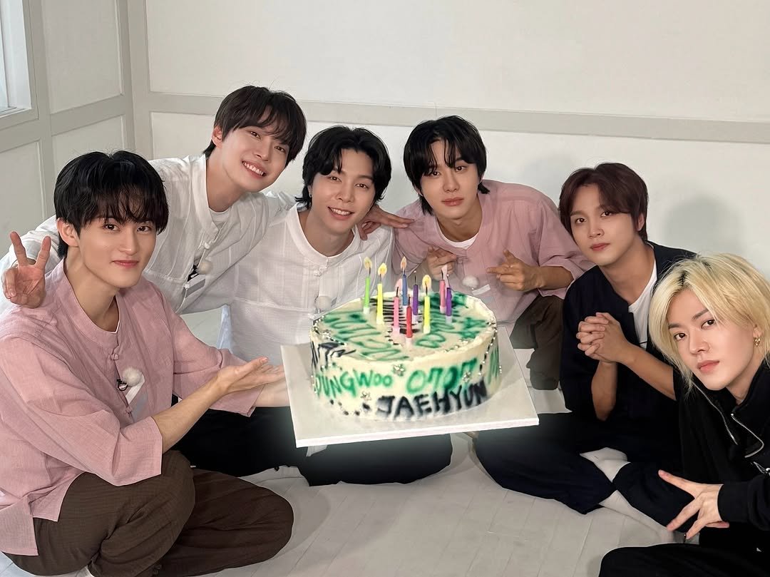 Photo shared by NCT 127 Official Instagram on July 07, 2025 tagging @yuu_taa_1026, @johnnyjsuh, @do0_nct, @onyourm__ark, @haechanahceah, and @sugaringcandy. May be an image of 4 people, bangs and text.