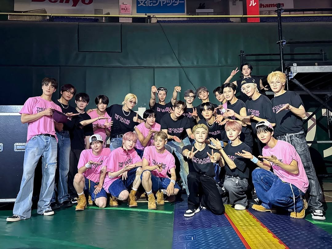 Photo by NCT Official Instagram in Tokyo Dome with @nct127, @nct_dream, @wayvofficial, and @nctwish_official. May be an image of 8 people and text.