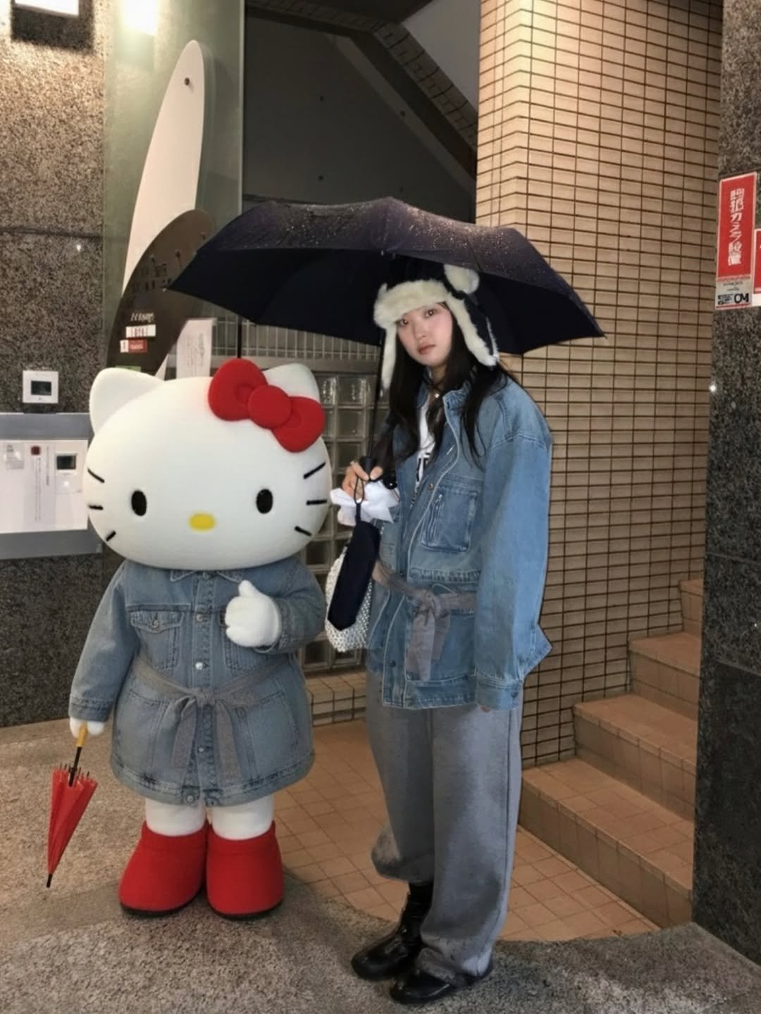 Photo shared by 목지혜 on November 24, 2025 tagging @uniqlokr, and @millowomen. May be an image of duffle coat, umbrella, parasol and text.