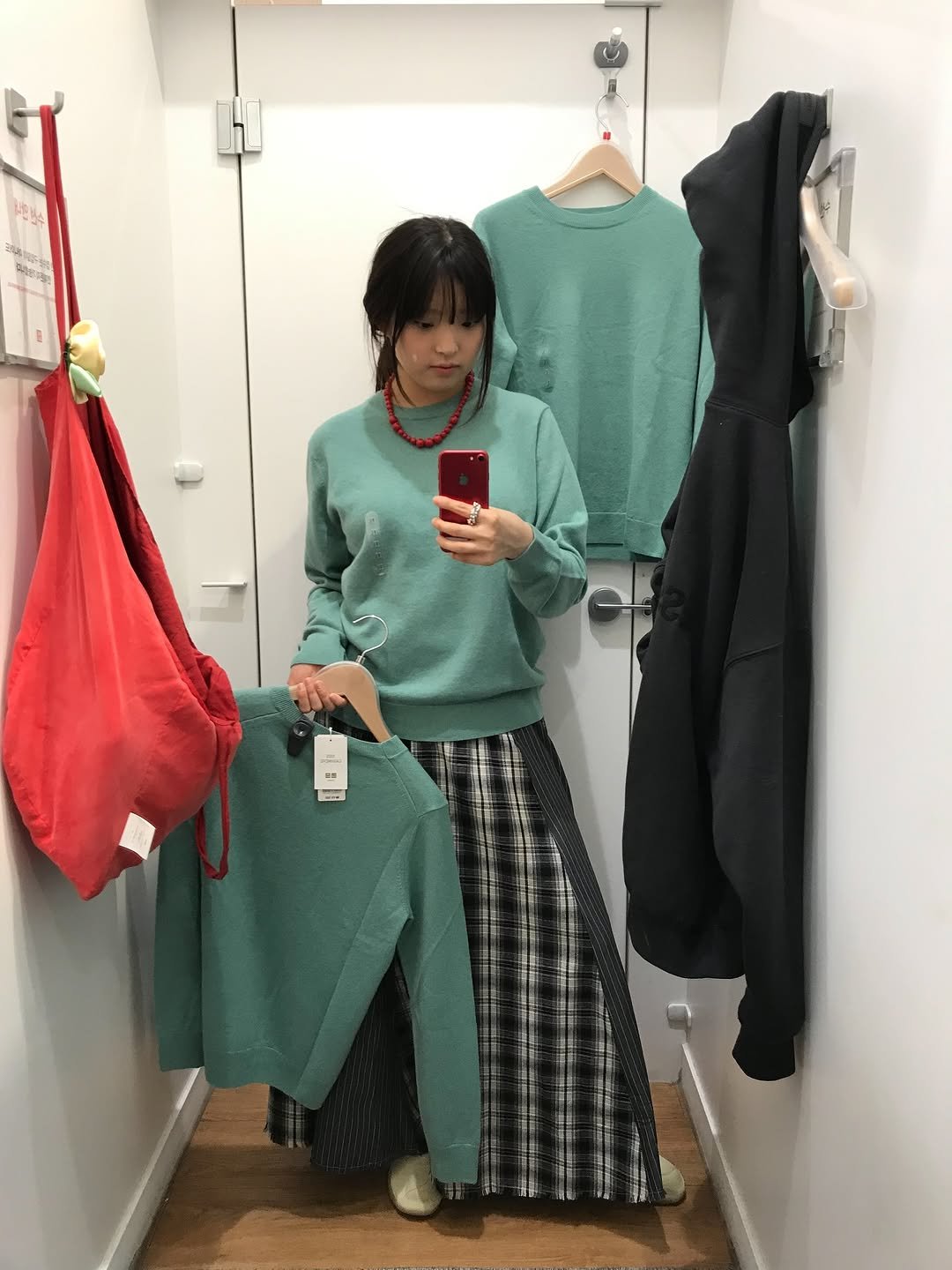 Photo shared by 목지혜 on October 23, 2025 tagging @plzproject.studio. May be an image of turtleneck, clothes hanger and sweatpants.