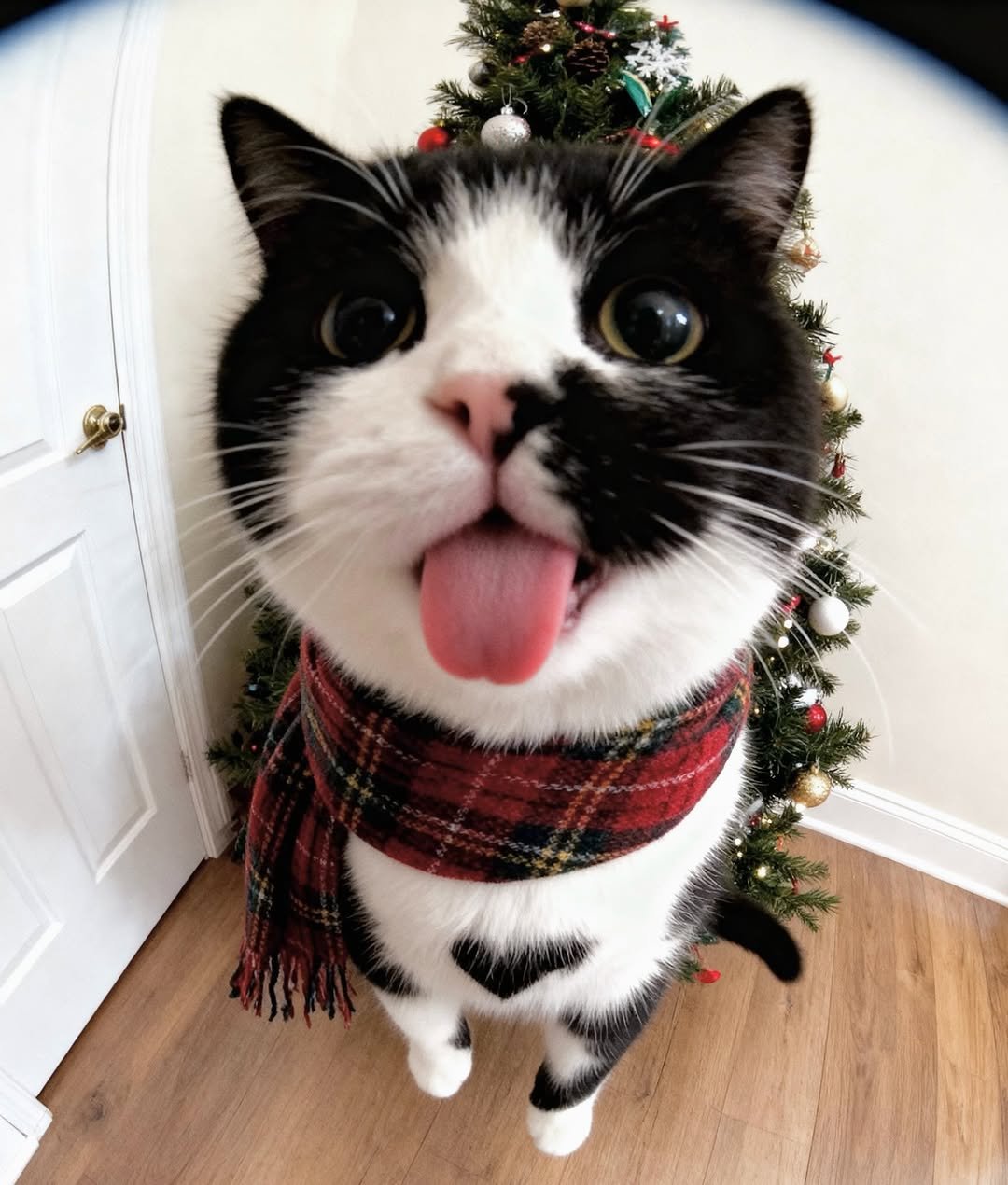 Photo by 정춘배 on December 20, 2025. May be an image of kitten, christmas tree, tinsel and text.