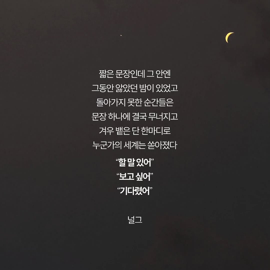 Photo by 널그 정민규 on April 24, 2026. May be an image of pie and text that says '짧은 문장인데 그 안엔 그동안 앓았던 밤이 있었고 돌아가지 못한 순간들은 문장 하나에 결국 무너지고 겨우 뱉은 단 한마디로 누군가의 세계는 쏟아졌다 "할 할말있어" "보고 싶어" 기다렸어" 널그'.