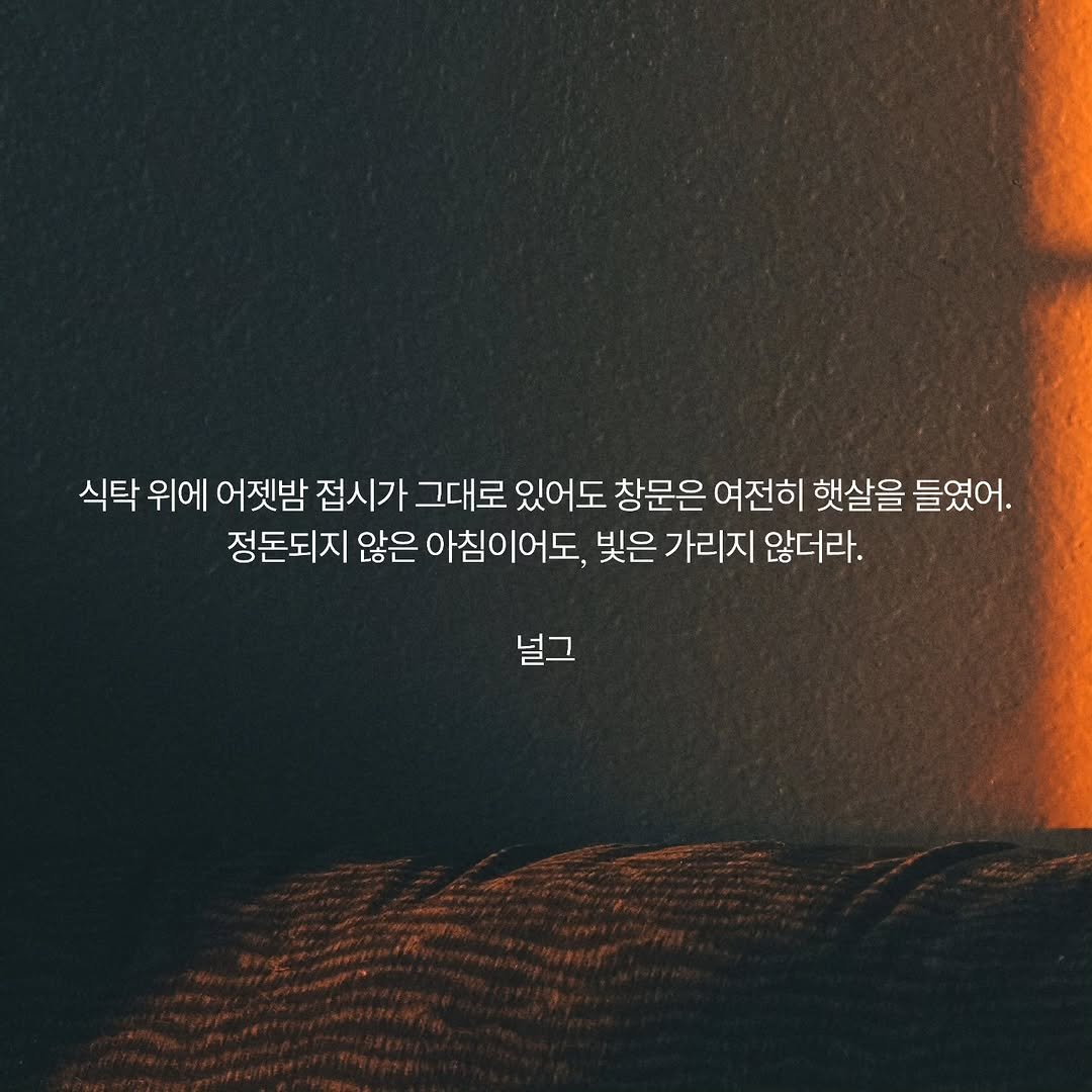 Photo by 널그 정민규 on January 29, 2026. May be an image of text that says '식탁 위에 어젯밤 접시가 그대로 있어도 창문은 여전히 햇살을 들였어. 정돈되지 않은 아침이어도, 빛은 가리지 않더라. 널그'.