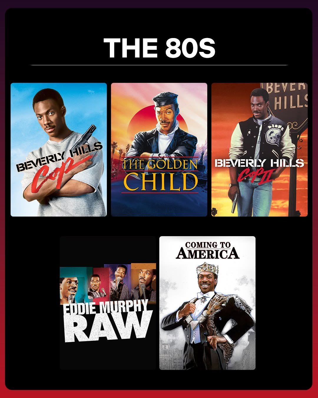 Photo shared by Strong Black Lead on November 15, 2025 tagging @netflix. May be a graphic of magazine, poster, screen, portable cassette player and text that says 'THE THE80S 80S BEVER HILLS 世民場高 BEVERIX BEVERLYHILS ИK CoN THE THEGOLDEN CHILD BIEVERLY HILLS ርሓፒ COMING To, AMERICA RAW EDDIE DIEMURPHY'.