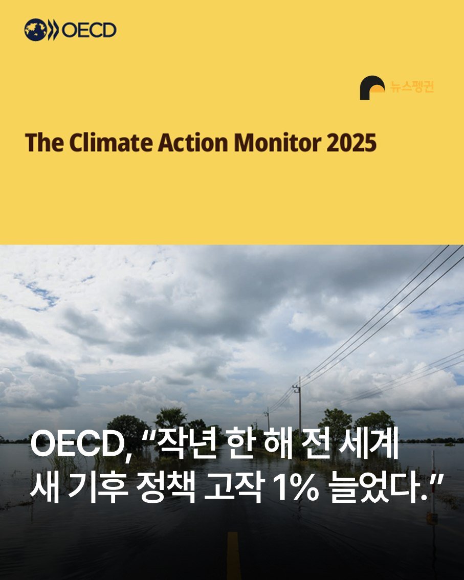 Photo by 뉴스펭귄 | Newspenguin on December 30, 2025. May be an image of text that says 'OECD 뉴스핑귄 The heClimateActionMonitor2025 Climate Action Monitor 2025 OECD, "작년 한 해 전 세계 새 기후 정책 고작 1% 늘었다."'.