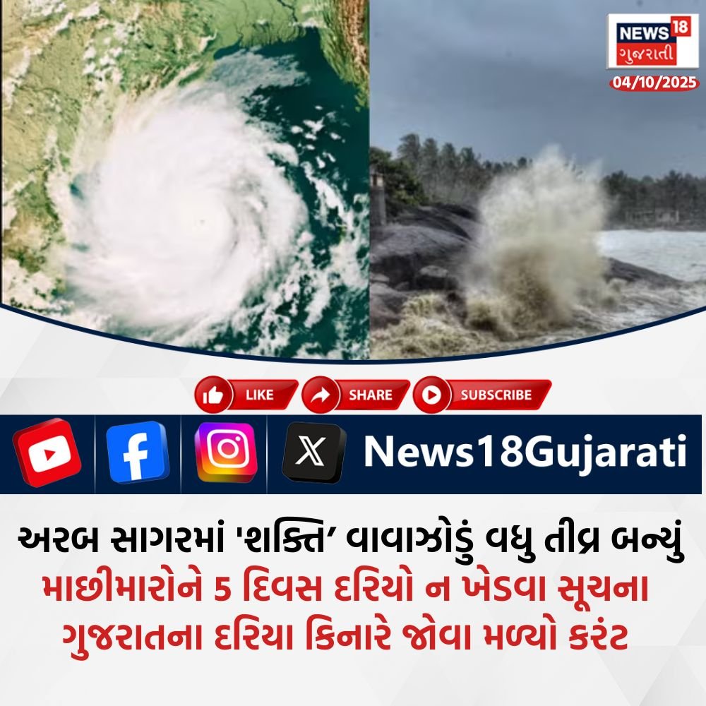 Photo by News18 Gujarati on October 04, 2025. May be an image of text that says 'NEWS 18 ગુજરાતી 04/10/2025 LIKE SHARE SUBSCRIBE f X News 18G News18Gujarati ujarati અરબ સાગરમાં શક્તિ' વાવાઝોડું વધુ તીવ્ર બન્યું માછીમારોને 5 દિવસ દરિયો ન ખેડવા સૂચના ગુજરાતના દરિયા કિનારે જોવા મળ્યો કરંટ'.