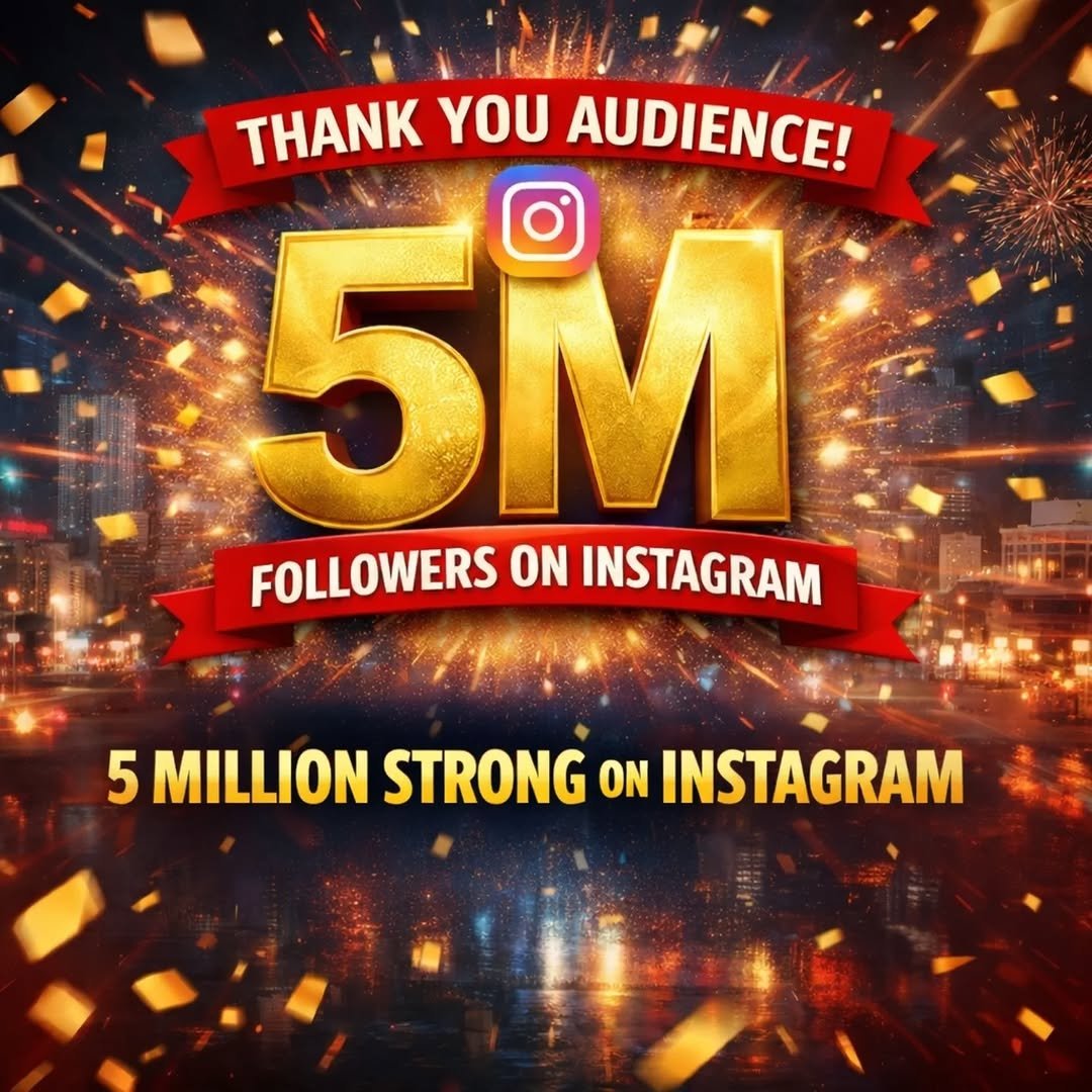 Photo by News24 India on April 20, 2026. May be a video game screenshot of standing, banner, poster, magazine and text that says 'THANKYOUAUDIENCE! THANK YOU AUDIENCE! 5M FOLLOWERS ON INSTAGRAM 5 MILLION STRONG ON INSTAGRAM'.