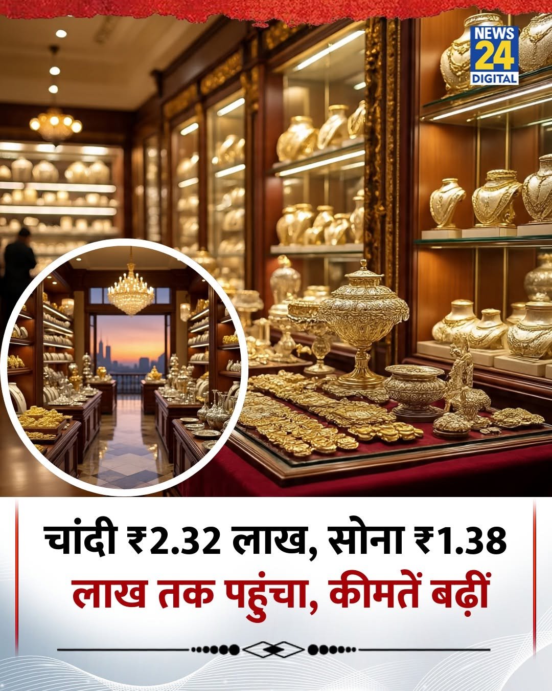 Photo by News24 India on December 26, 2025. May be an image of ‎bread, temple and ‎text that says '‎جالغاسار NEWS 24 DIGITAL 관. चांदी ₹2.32 लाख, सोना ₹1.38 लाख तक पहुंचा, किमतें बढ़ीं‎'‎‎.