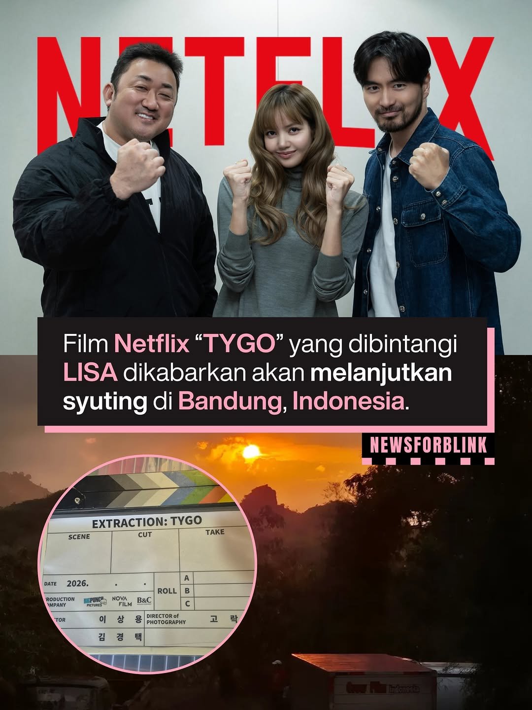 Photo by BLACKPINK NEWS on January 18, 2026. May be a meme of poster, magazine and text that says 'NOTEL Film Netflix TYGO yang dibintangi LISA dikabarkan akan melanjutkan syuting di Bandung, Indonesia. NEWSFORBLINK EXTRACTION: TYGO SCENE CUT TAKE DATE 2026. ИPAMИ CTID ពាប ROLL HOVAN B&C TOR TOR 상 IRECTOR of f PHOTOGRAPHY HP 김 경 고 락'.