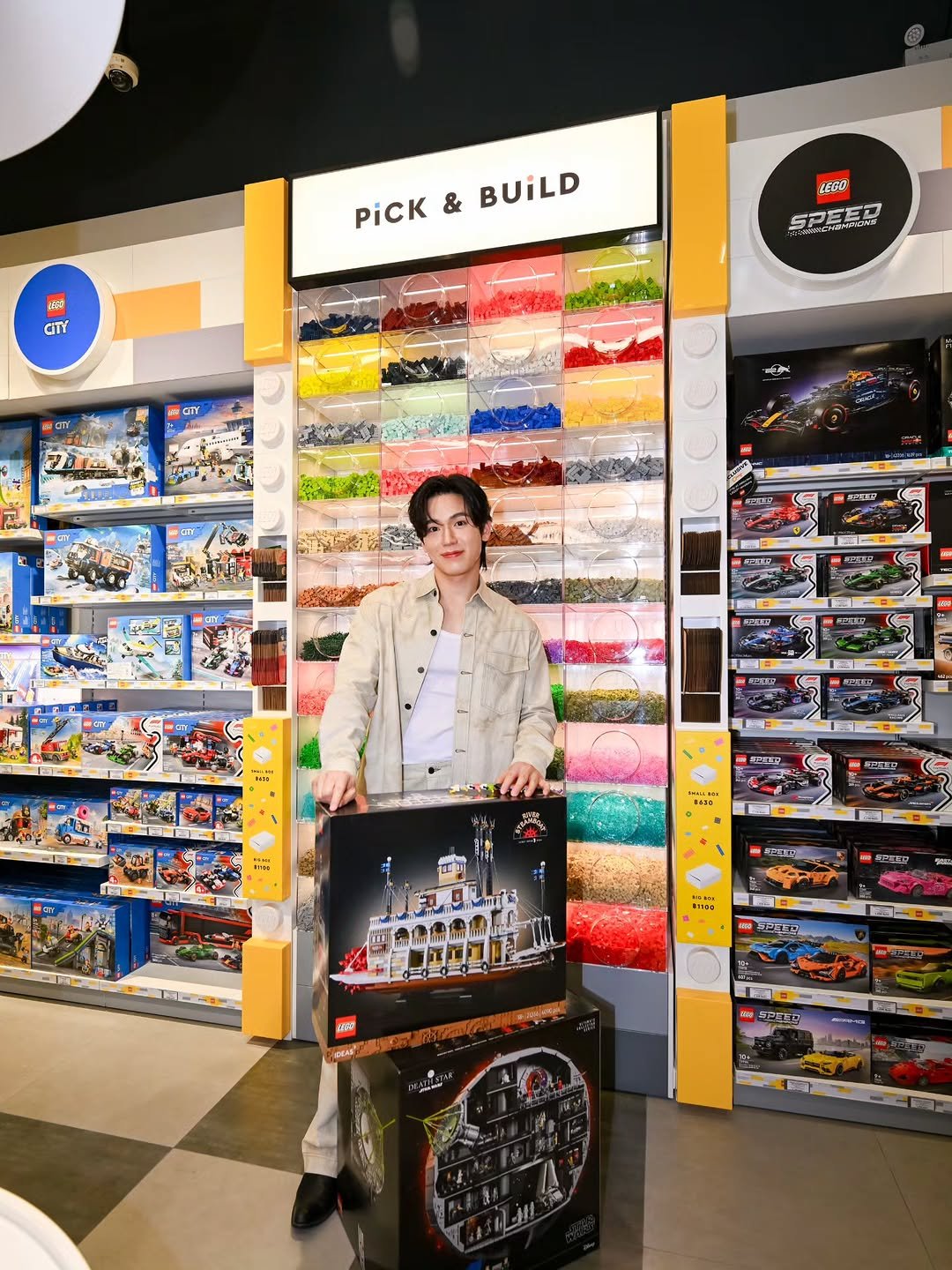 Photo shared by New Thitipoom on November 02, 2025 tagging @lego, and @lego_bricksthailand. May be an image of skateboard, lego, poster, magazine, toecap shoes, newsstand and text.