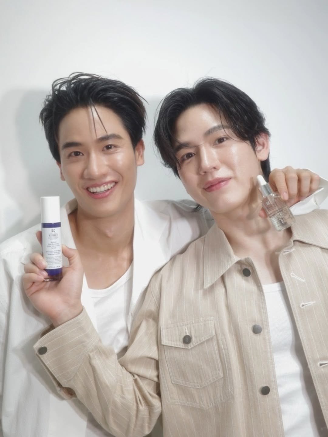 Photo shared by New Thitipoom on November 02, 2025 tagging @tawan_v, and @kiehlsthailand. May be an image of one or more people, hair, hair product, ointment, hand cream, lotion and text.