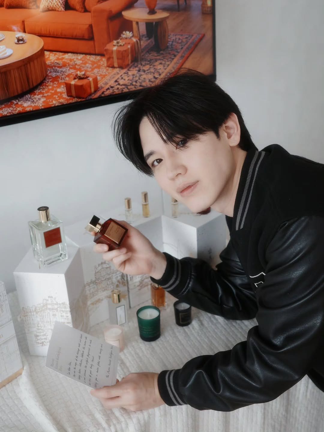 Photo shared by New Thitipoom on December 15, 2025 tagging @maisonfranciskurkdjian, and @atelierdeprestige. May be an image of fragrance, hair product, bottle, perfume, cocktail shaker, hand cream and text.