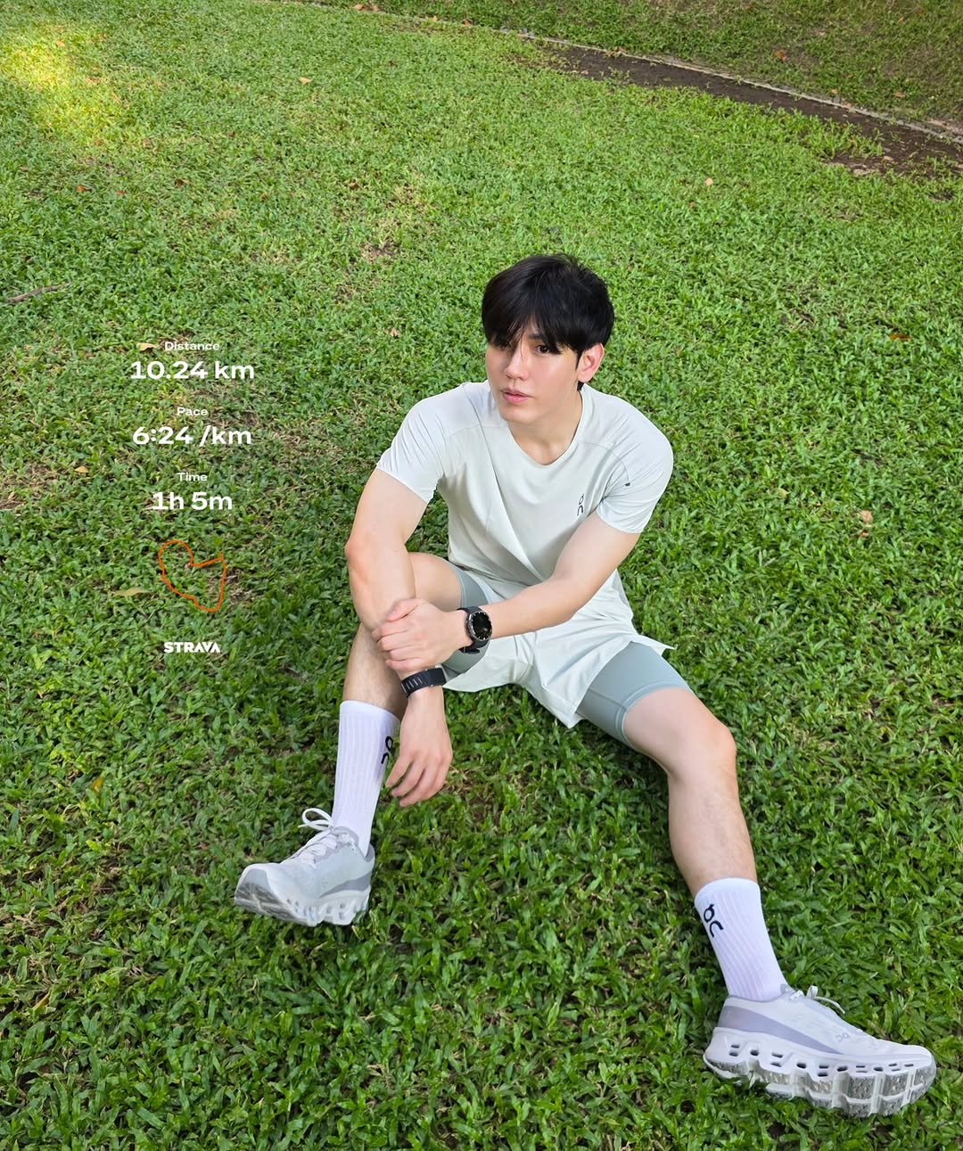 Photo shared by New Thitipoom on March 17, 2026 tagging @orp_thailand. May be an image of sportswear, shorts, grass, park and text that says 'Distance 10.24ki km Pace 6:24 6:24/km /km Time 1h 1h5m 5m STRAYA bc'.