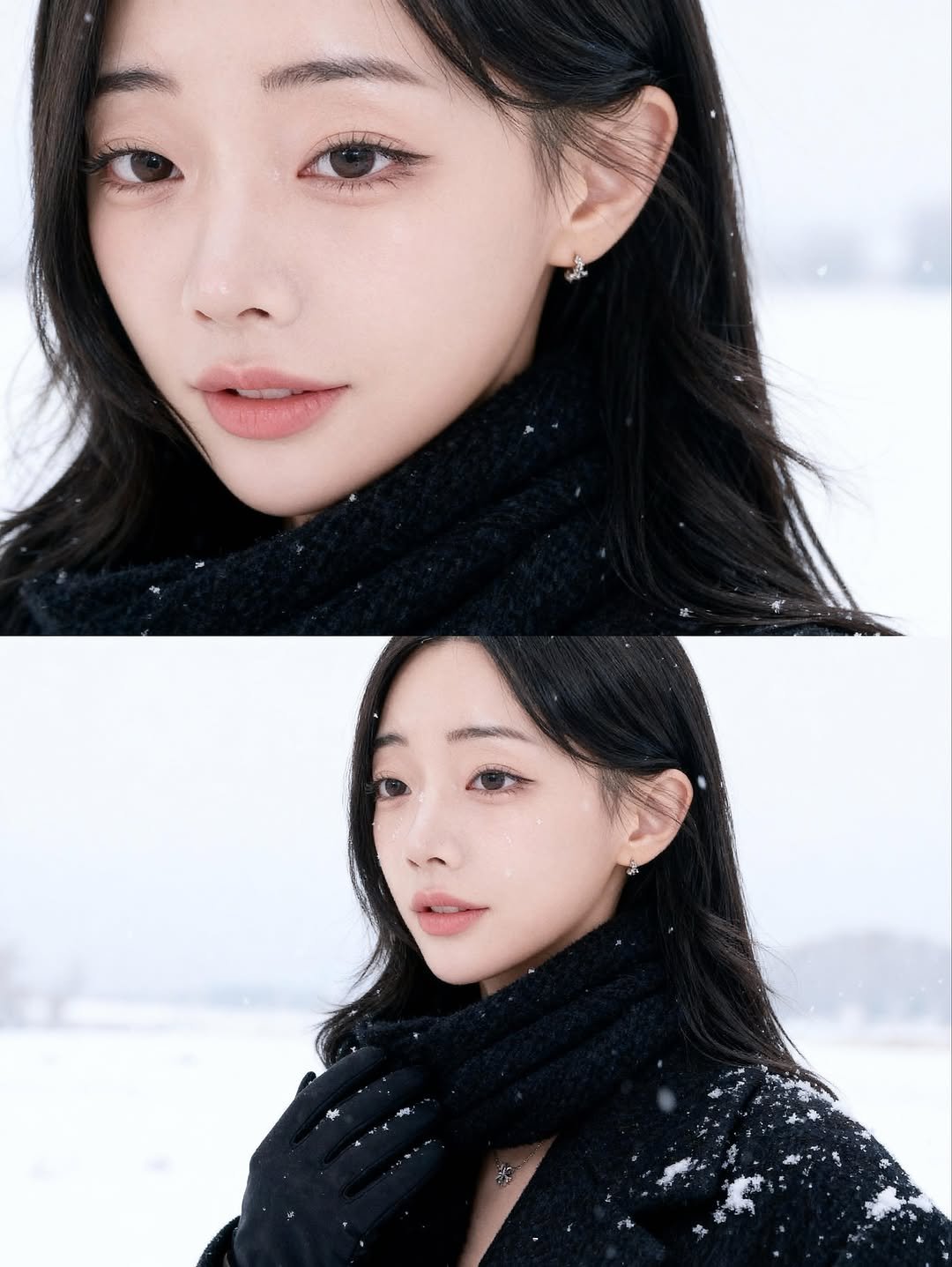 Photo by 새보미 🦔 on November 02, 2025. May be an image of one or more people, makeup, hair, duffle coat, goosedown coat, parka, turtleneck and text.