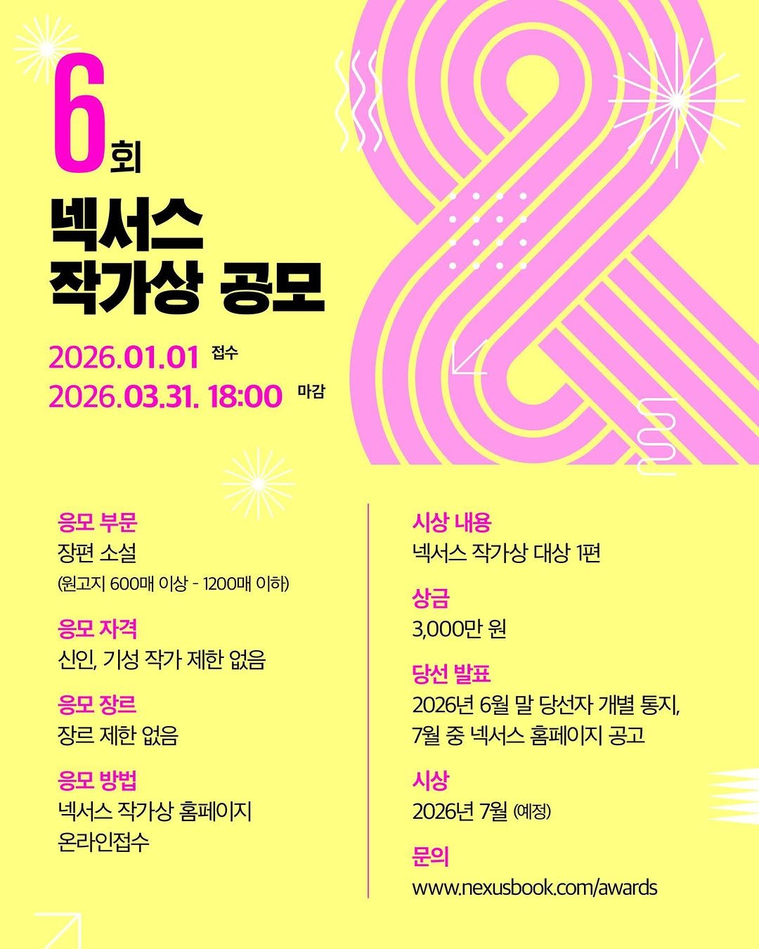 Photo shared by 넥서스북 Next to us, NEXUS on December 31, 2025 tagging @nexus_and. May be an illustration of poster, calendar, magazine and text that says '6 회 넥서스 작가상 공모 2026.01.01 접수 2026.03.31. 18:00 마감 응모 부문 장편 장편소설 소설 (원고지 600매 이상- 1200매 이하) 시상내용 시상 내용 넥서스 작가상 대상 1편 상큼 3,000만원 원 응모 자격 신인, 기성 작가 제한 없음 응모 장르 장르 제한 없음 응모 방법 넥서스 작가상 홈페이지 온라인접수 당선 발표 2026년 6월 말 당선자 개별 동지, 7월 중 넥서스 홈페이 지 공고 시상 2026년 7월 (예정) (예정) 문의 www.nexusbook.com/awards www.n'.