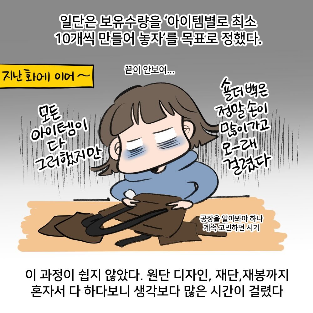 Photo by nicejintime,김진👀 on October 09, 2025. May be a doodle of pie and text that says '일단은 보유수량을 '아이템별로 최소 10개씩 만들어 놓자'를 목표로 정했다. 지난 화에 이어 끝이 안보여... 모든 아이템이 그러해지만\ 그러했지 다 다. 솔더백은 정말손이 많이가고 우-래 걸겼다 공장을 알아봐야 하나 계속고민하던 시기 이 과정이 쉽지 않았다. 원단 디자인, 재단, 재단,재봉까지 혼자서 다 하다보니 생각보다 많은 시간이 걸렸다'.