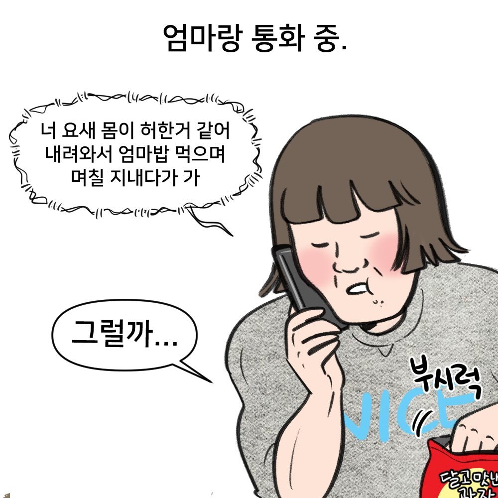 Photo by nicejintime,김진👀 on April 01, 2026. May be an illustration of text that says '엄마랑 통화 중. 너 요새 몸이 허한거 같어 내려와서 엄마밥 먹으며 며칠 지내다가 가 그럴까... 부시력 달고맛난 スヤスト'.