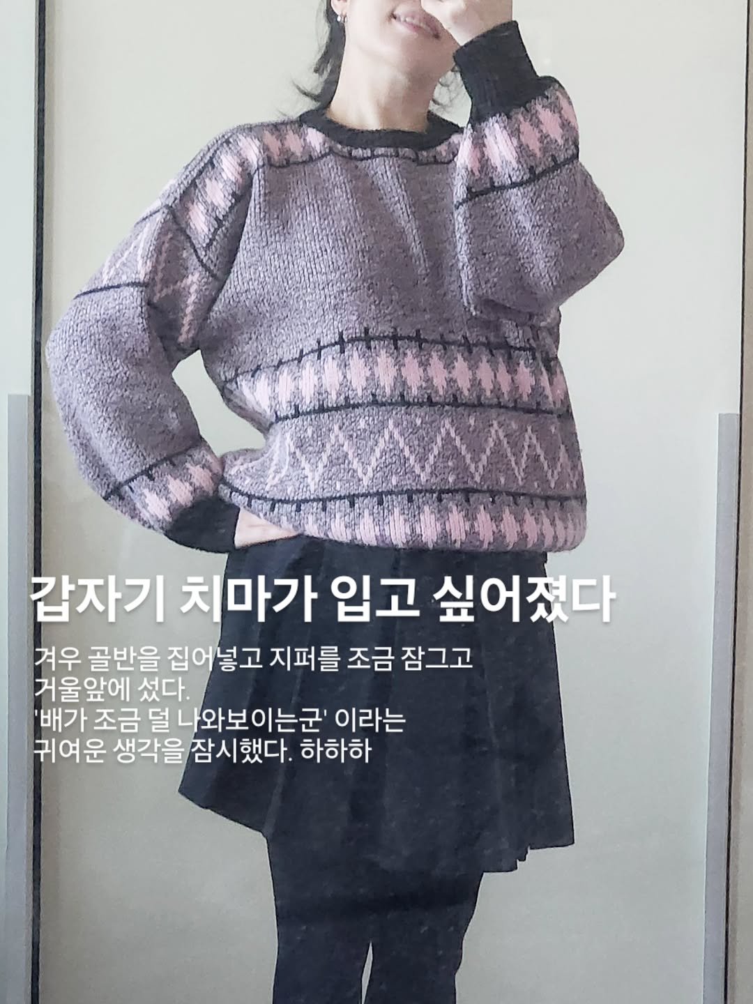 Photo by Young Lee_ NIKKI on December 26, 2025. May be an image of knit, turtleneck and text that says '時y 갑자기치마가 갑자기 치마가 입고 싶어졌다 겨우 골반을 집어넣고 지퍼를 조금 잠그고 거울 거 거울앞에 앞에 섰다. '배가 조금 덜 나와보이는군' 이라는 귀여운 생각을 잠시했다. 하하하'.