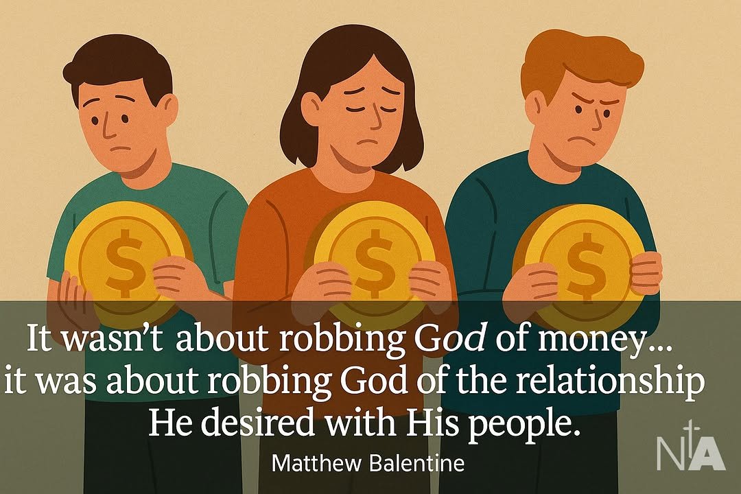 Photo by Ninth Avenue Church of Christ on November 26, 2025. May be a doodle of text that says '$ $ $ It wasn't about robbing God of money... it was about robbing God of the relationship He desired with His people. Matthew Balentine NA'.