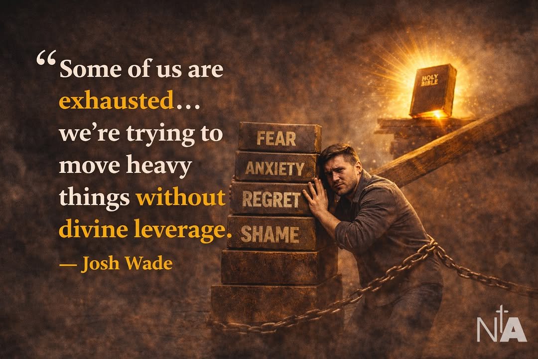 Photo by Ninth Avenue Church of Christ on January 08, 2026. May be an image of poster and text that says 'HOLY BIBLE FEAR "Some of us are exhausted... we're trying to move heavy things without REGRET divine leverage. SHAME -Josh Wade ANXIETY NA'.