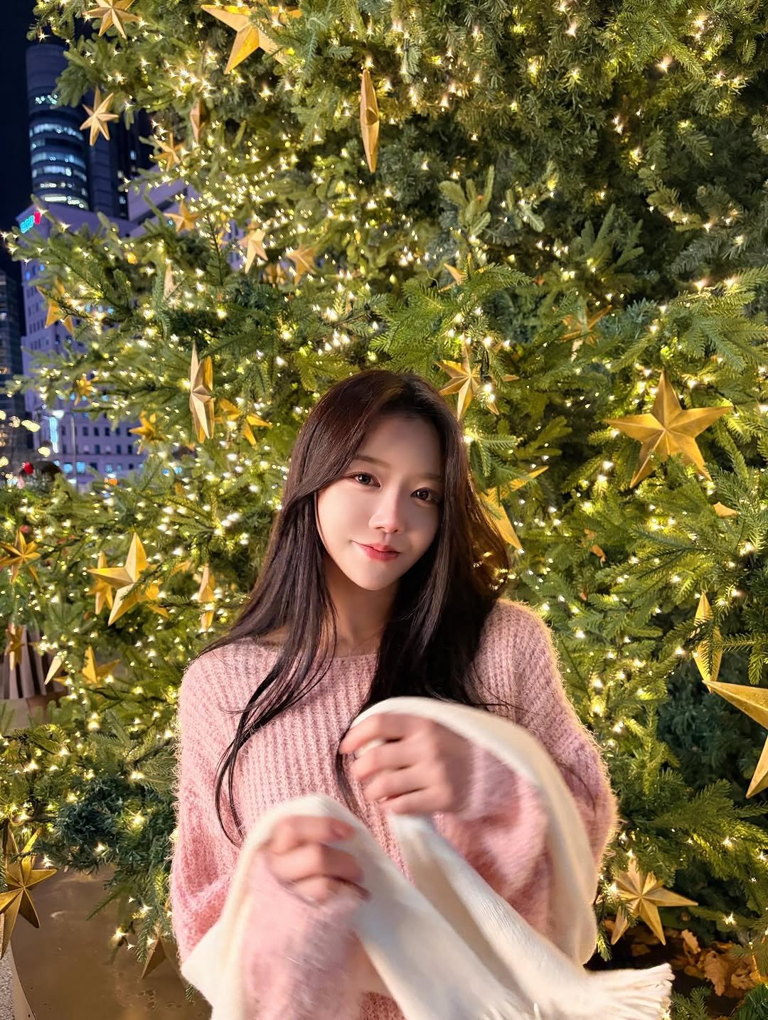 Photo by 장혜린 | 리리 🩷 on December 12, 2025. May be an image of one or more people, hair, christmas tree and text.
