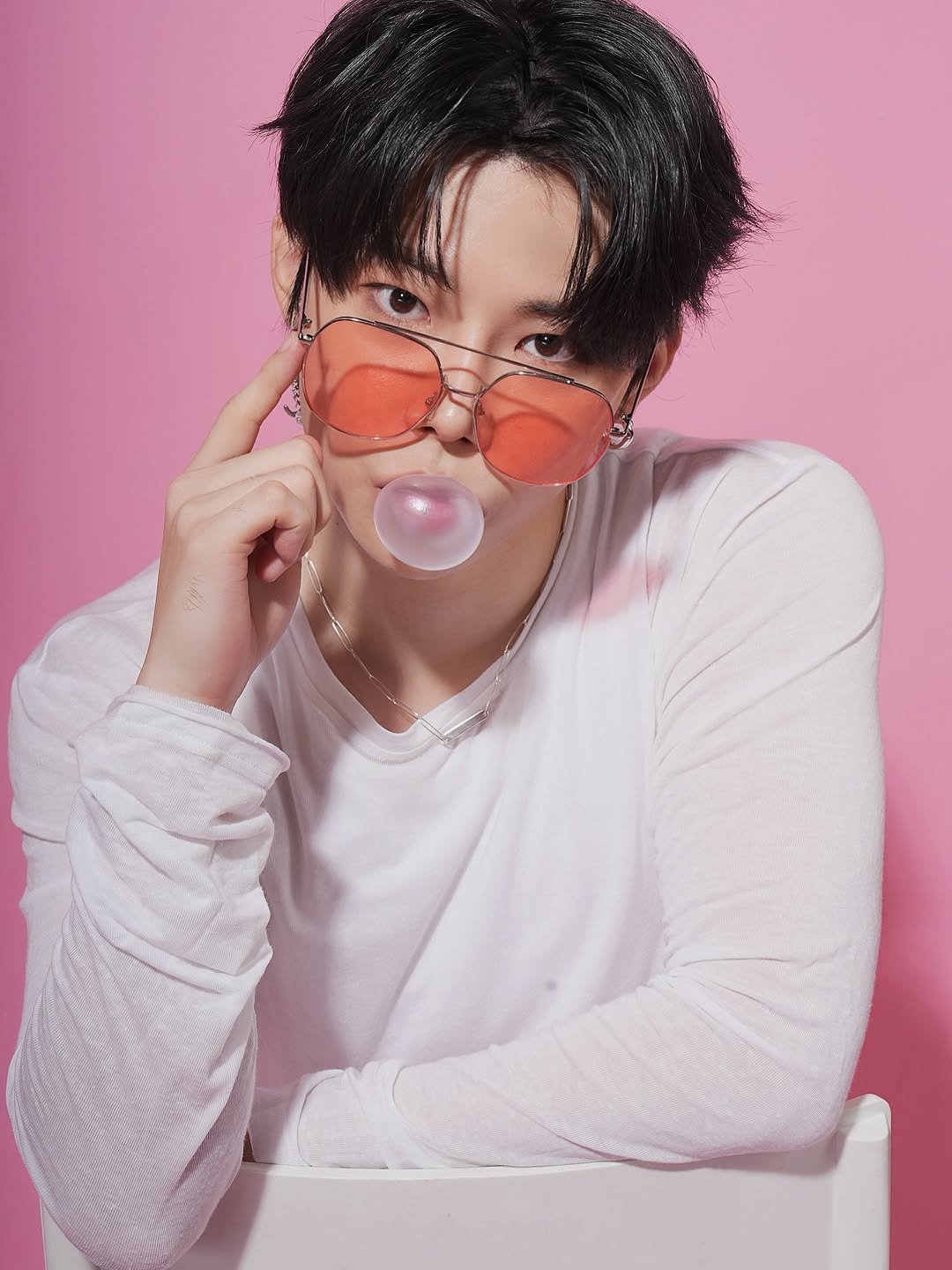 Photo shared by Park Dong Ju on August 26, 2025 tagging @hwang.pd. May be an image of 1 person, makeup, chewing bubblegum, glasses and text.
