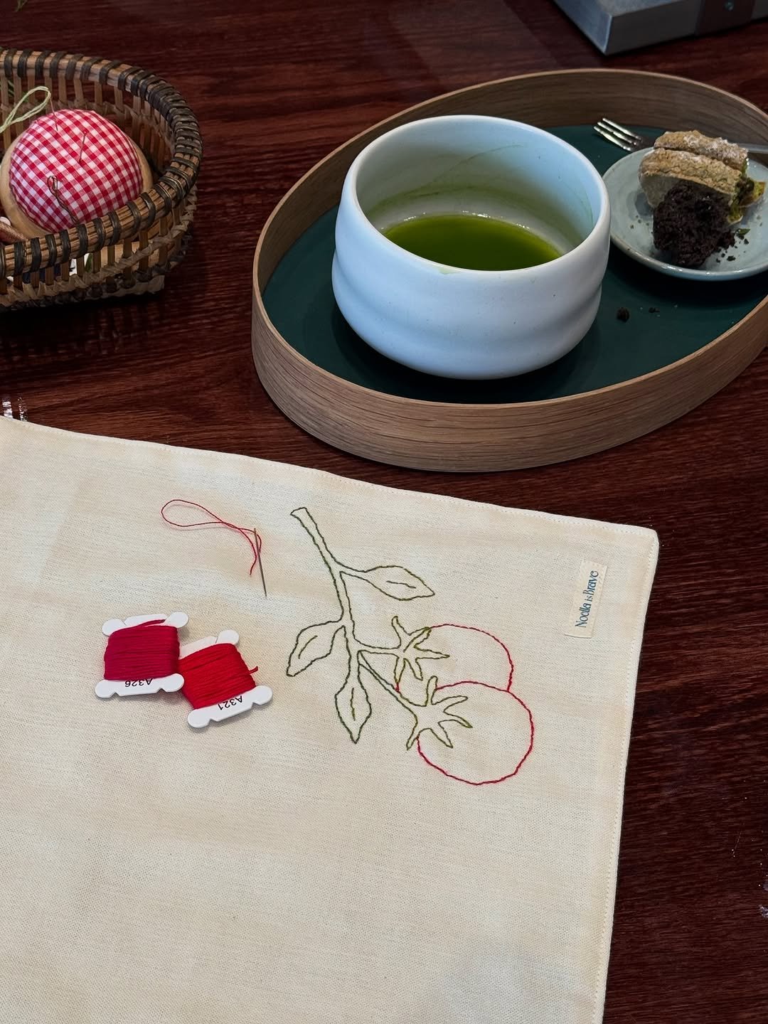 Photo shared by Noella is Brave on July 31, 2025 tagging @osulloc_official. May be an image of lace, placemat, tea and text.